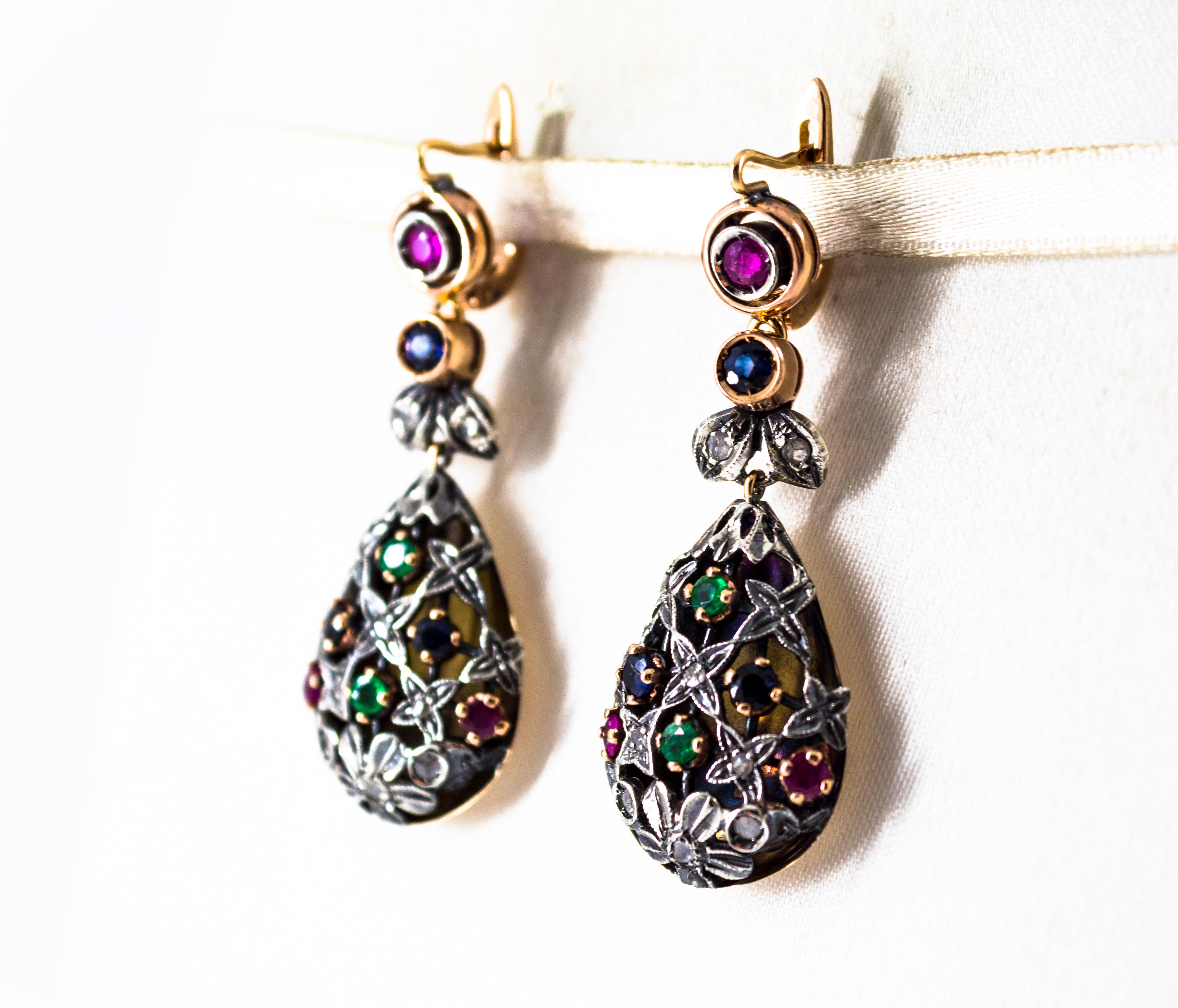 Art Nouveau Style Emerald Ruby Sapphire White Diamond Yellow Gold Drop Earrings In New Condition In Naples, IT