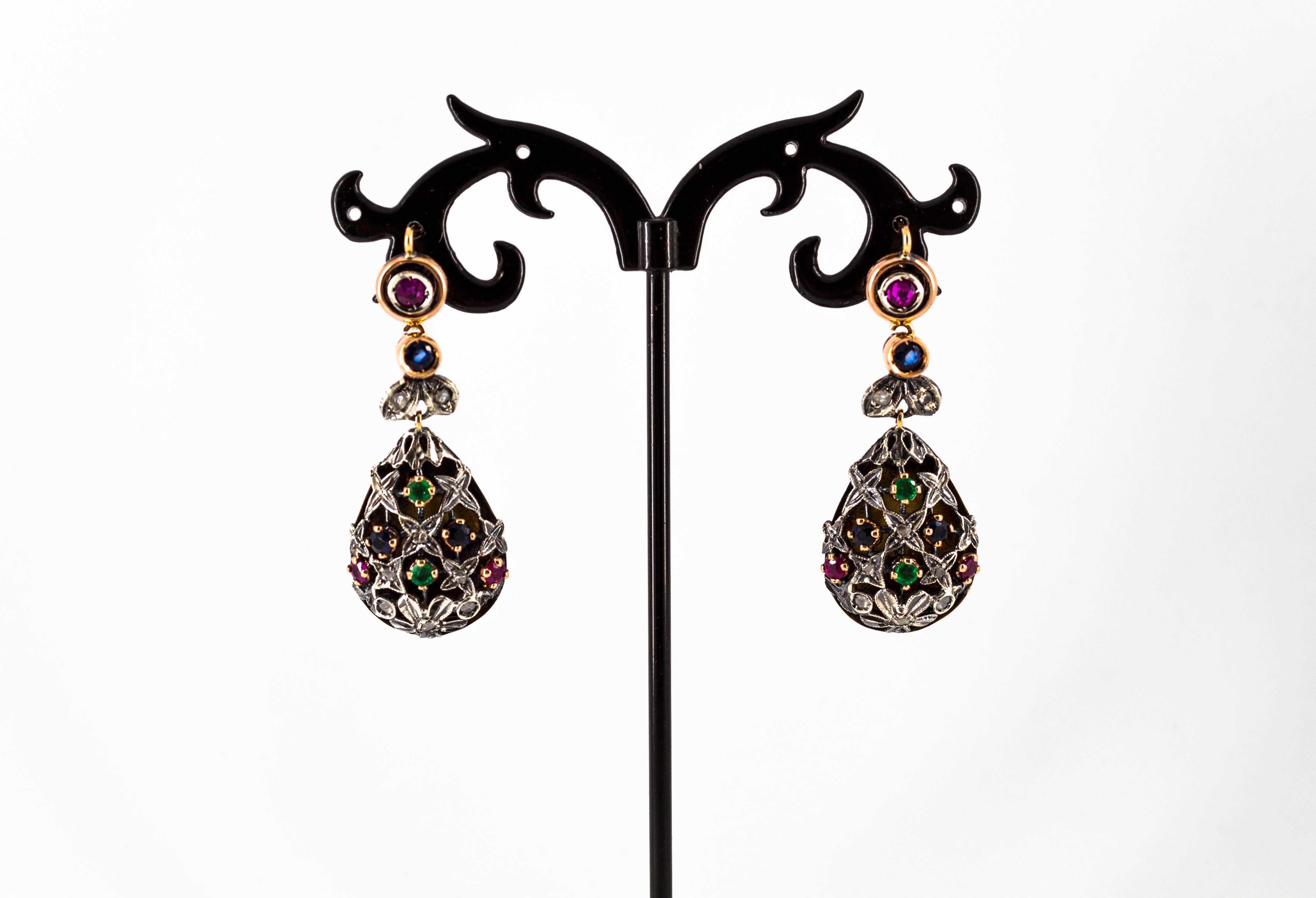 Women's or Men's Art Nouveau Style Emerald Ruby Sapphire White Diamond Yellow Gold Drop Earrings