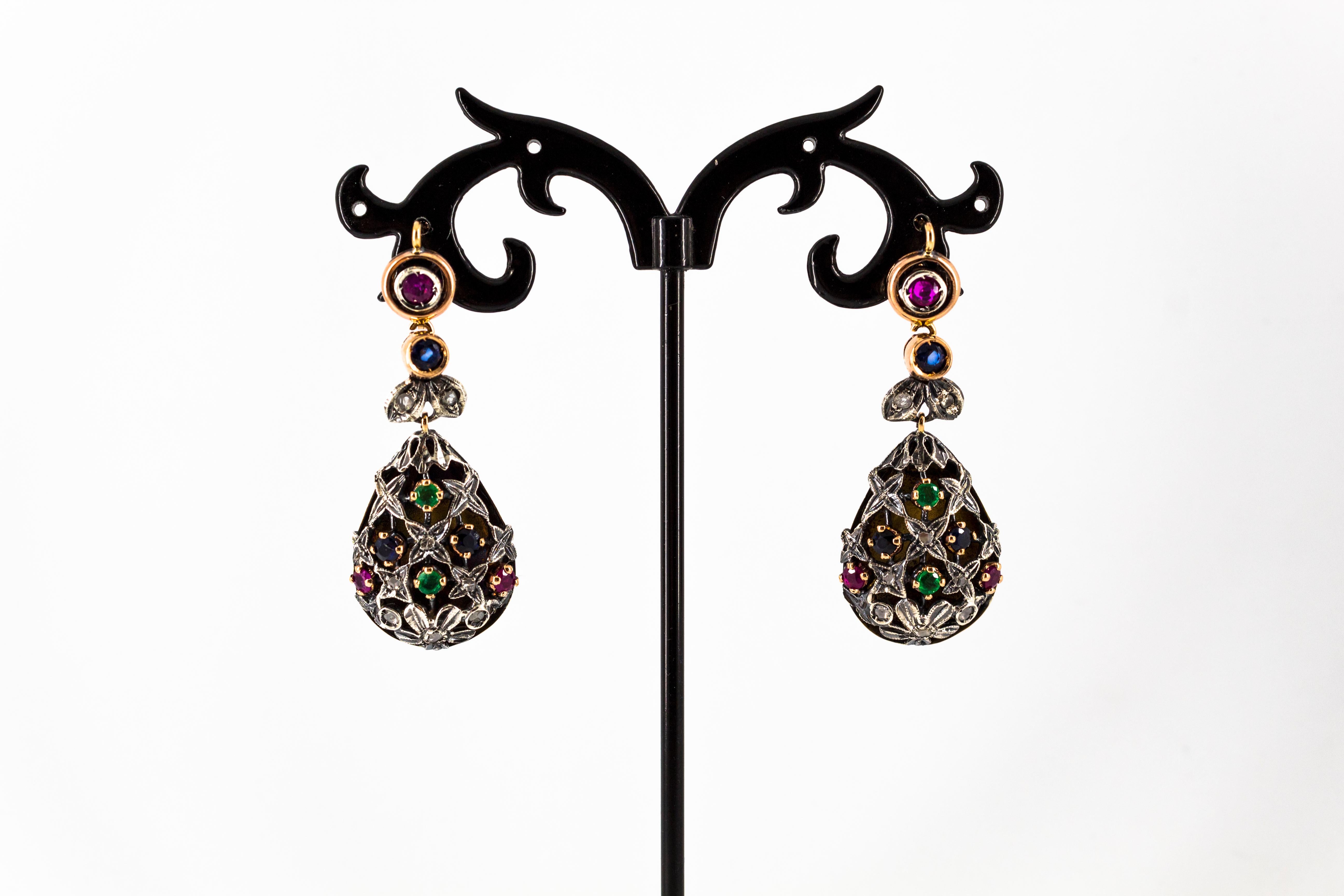 Art Nouveau Style Emerald Ruby Sapphire White Diamond Yellow Gold Drop Earrings 1