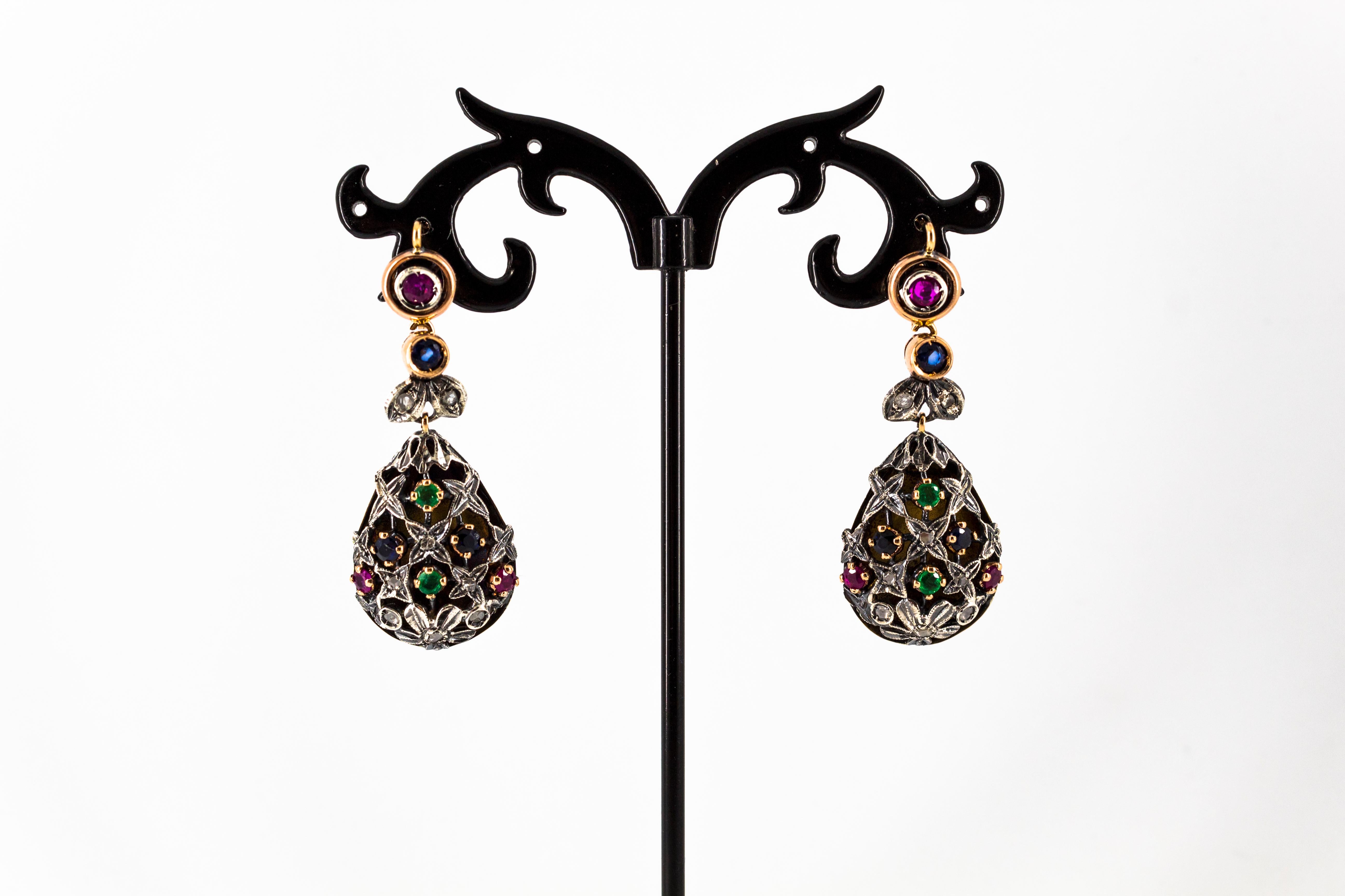 Art Nouveau Style Emerald Ruby Sapphire White Diamond Yellow Gold Drop Earrings For Sale 1