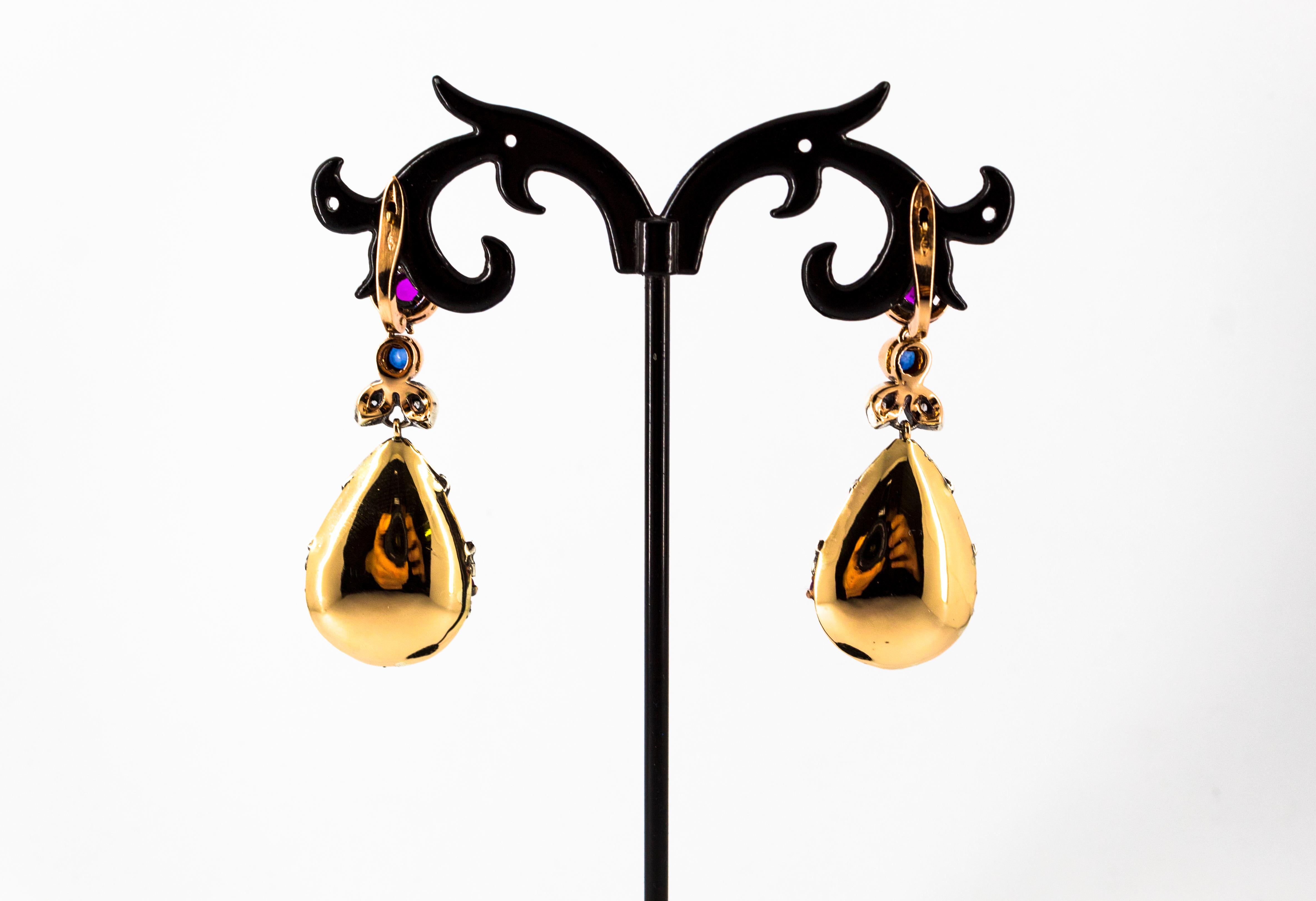 Art Nouveau Style Emerald Ruby Sapphire White Diamond Yellow Gold Drop Earrings 3