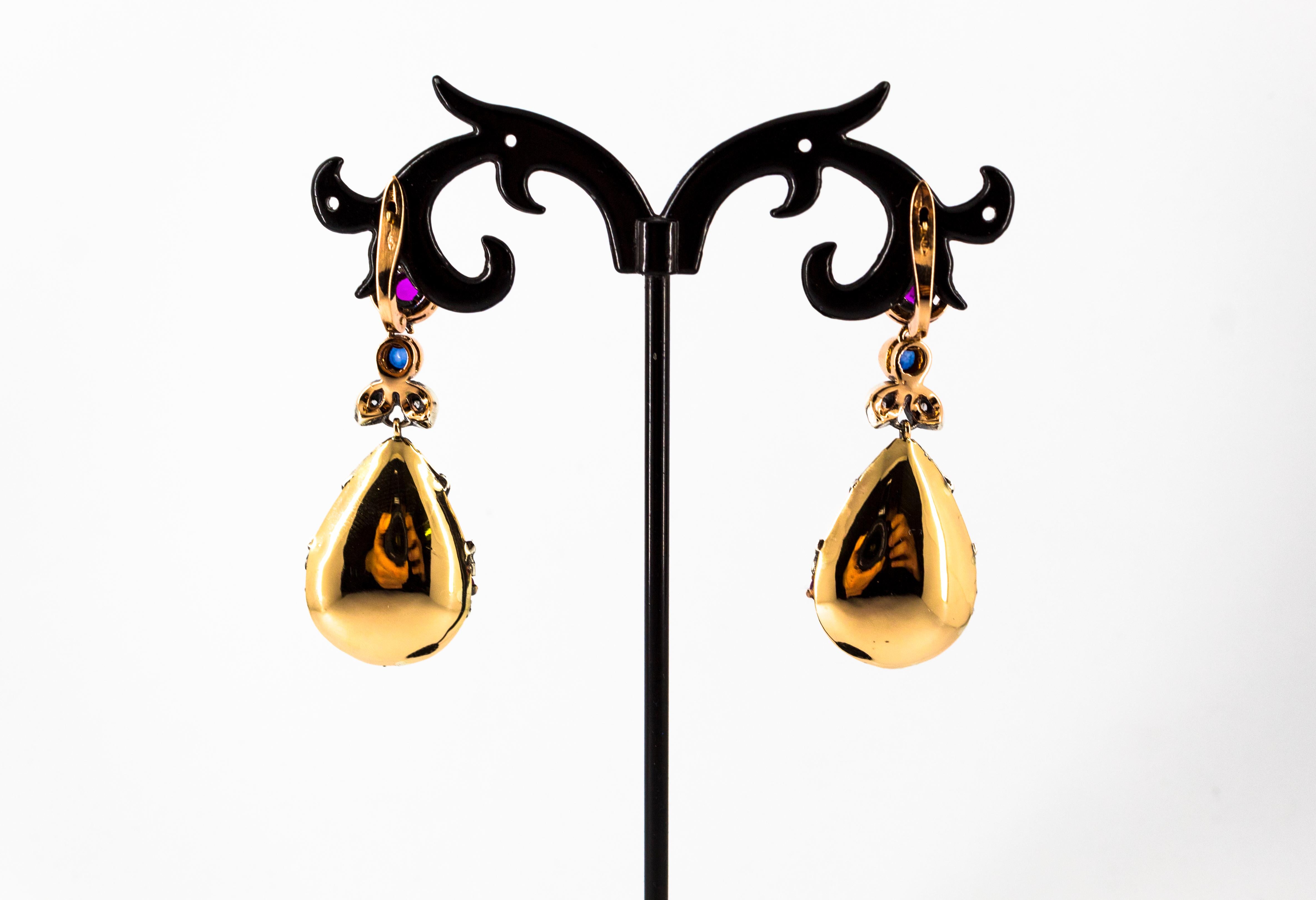 Art Nouveau Style Emerald Ruby Sapphire White Diamond Yellow Gold Drop Earrings For Sale 3