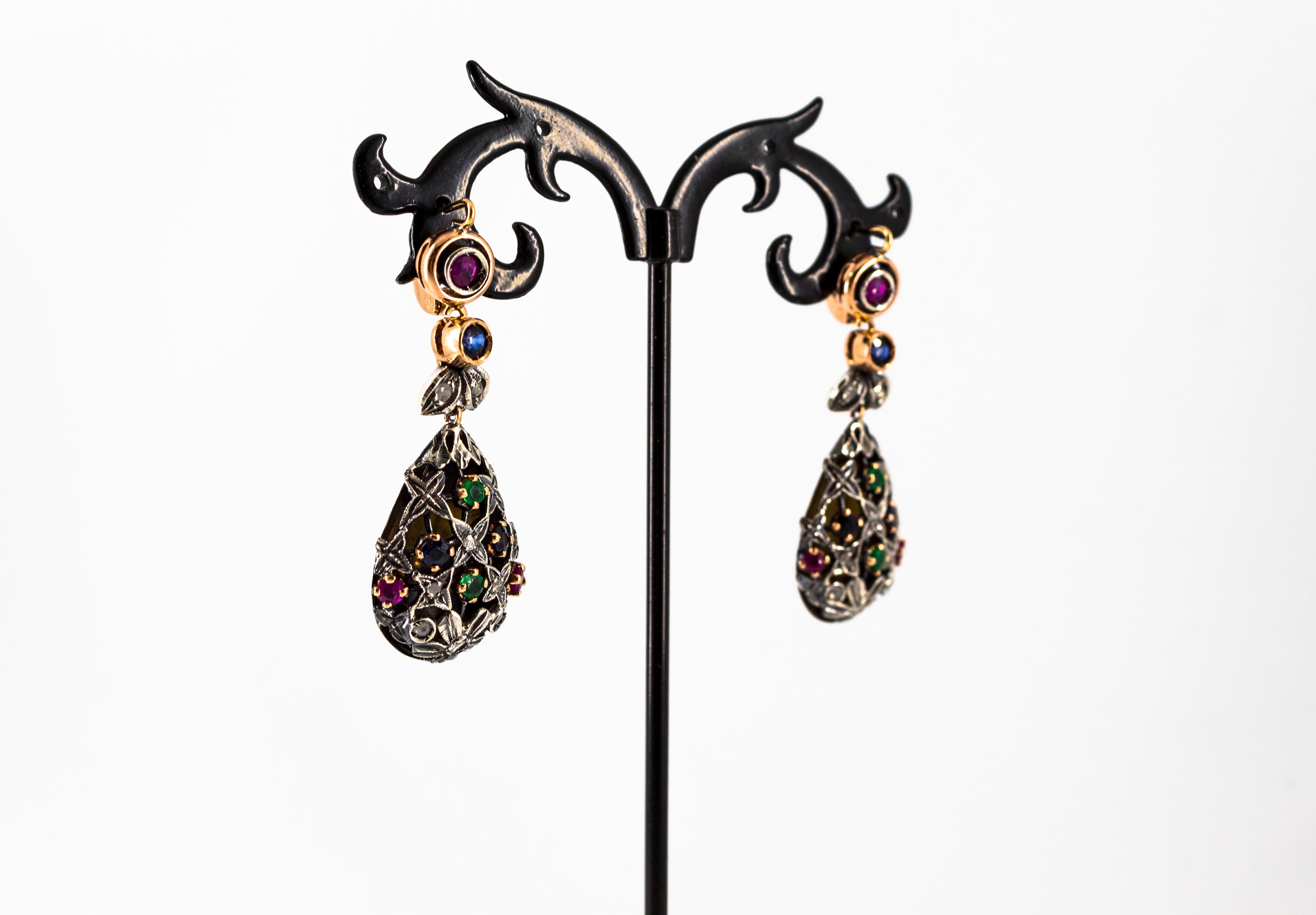 Art Nouveau Style Emerald Ruby Sapphire White Diamond Yellow Gold Drop Earrings 4