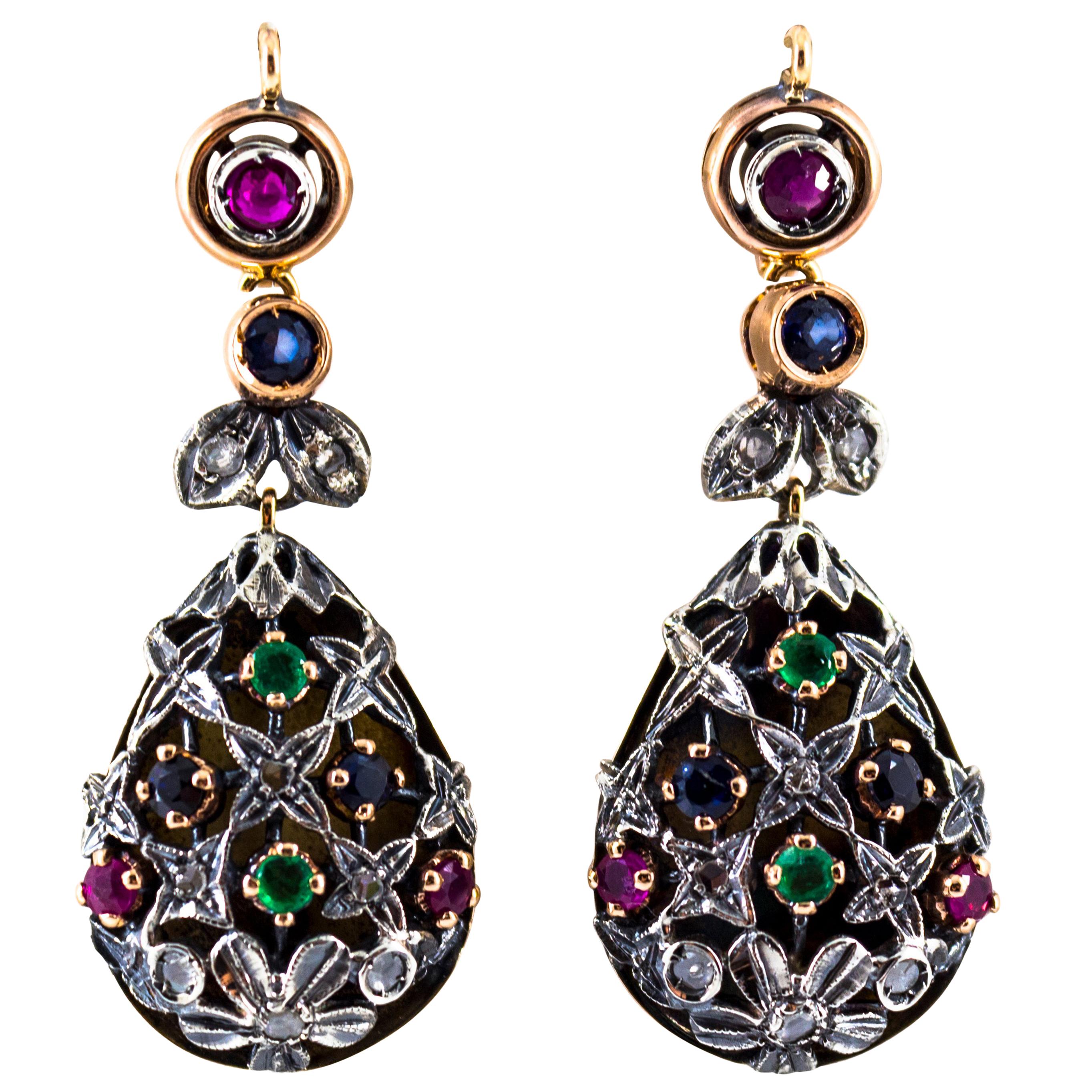 Art Nouveau Style Emerald Ruby Sapphire White Diamond Yellow Gold Drop Earrings For Sale