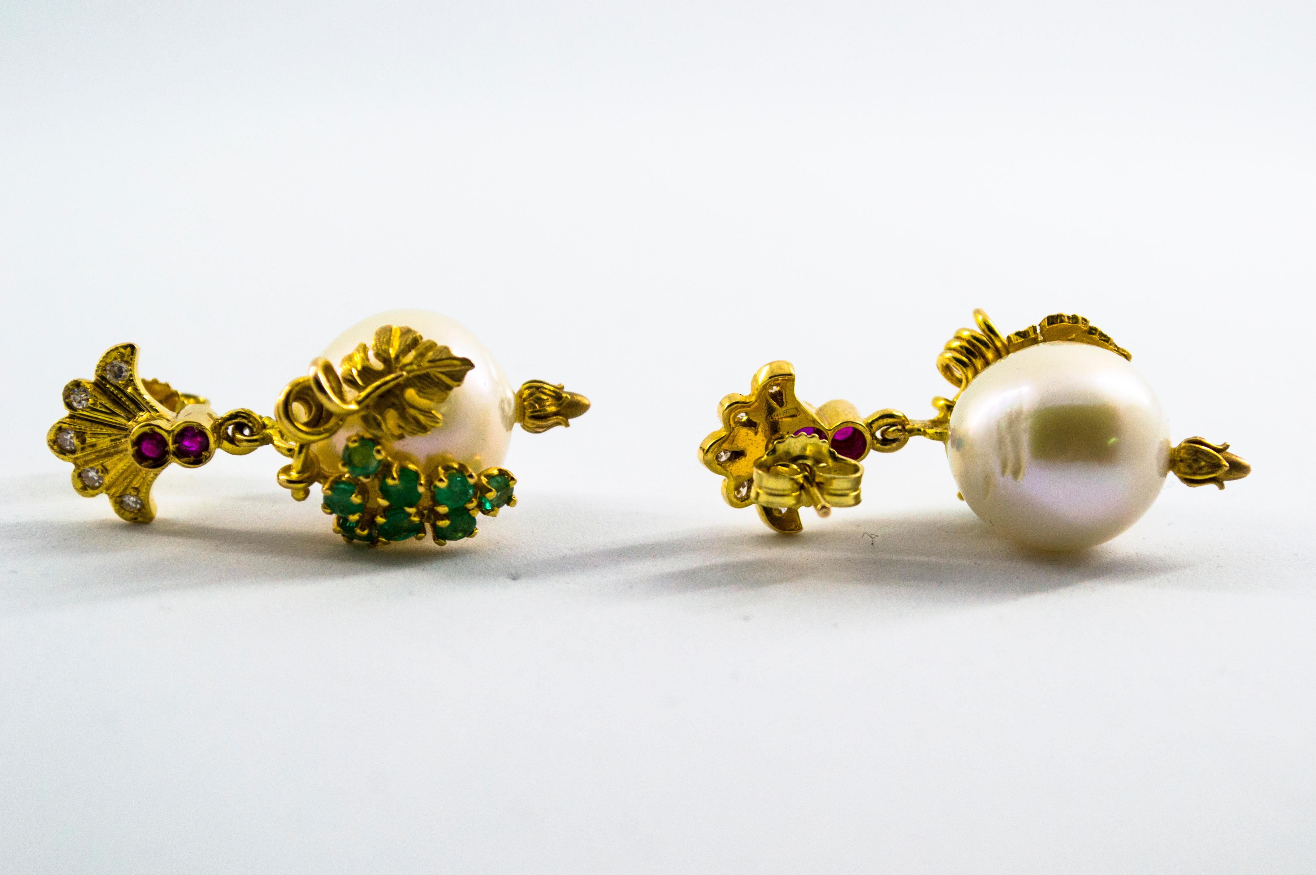 Women's or Men's Art Nouveau Style Emerald Ruby White Diamond Pearl Yellow Gold Stud Earrings For Sale