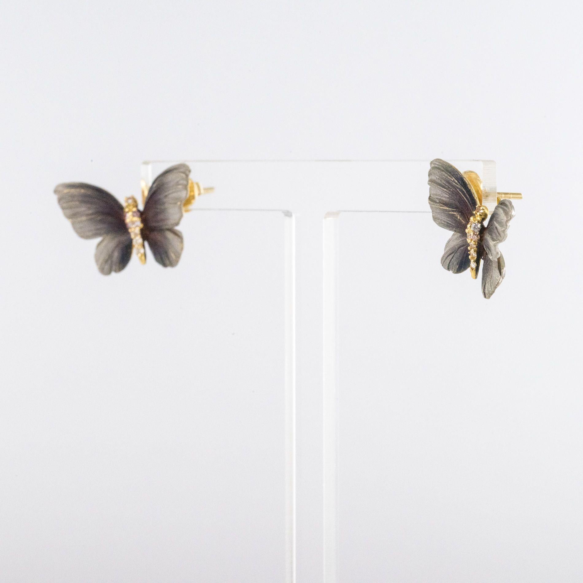 Jugendstil Emaille Diamant Gold Schmetterling Ohrstecker im Angebot 2