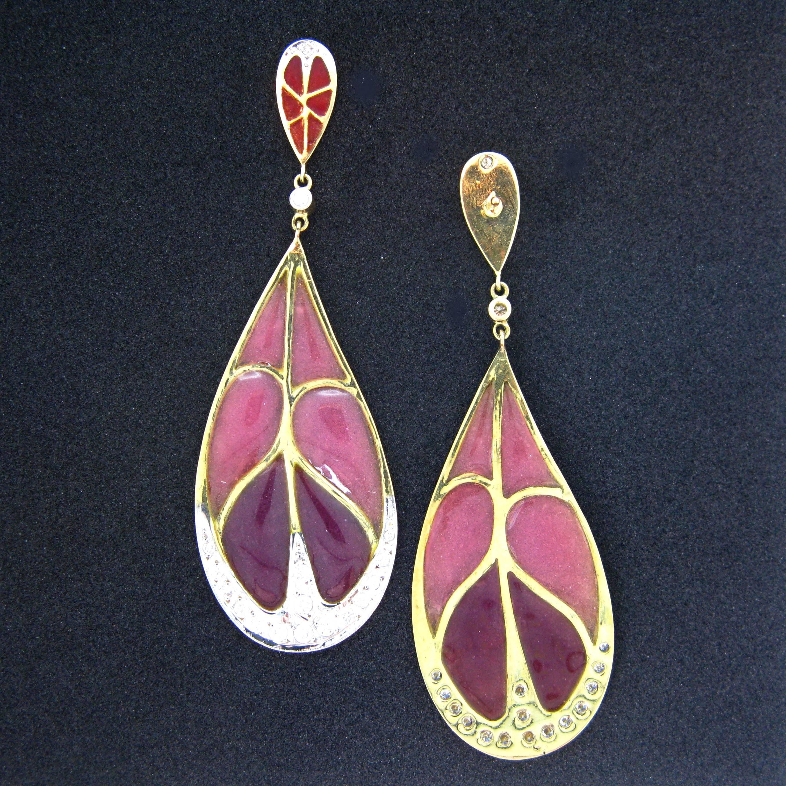 Contemporary Art Nouveau Style Enamel Leaf Plique a Jour Diamond 18kt Gold Dangle Earrings