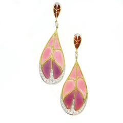 Art Nouveau Style Enamel Leaf Plique a Jour Diamond 18kt Gold Dangle Earrings