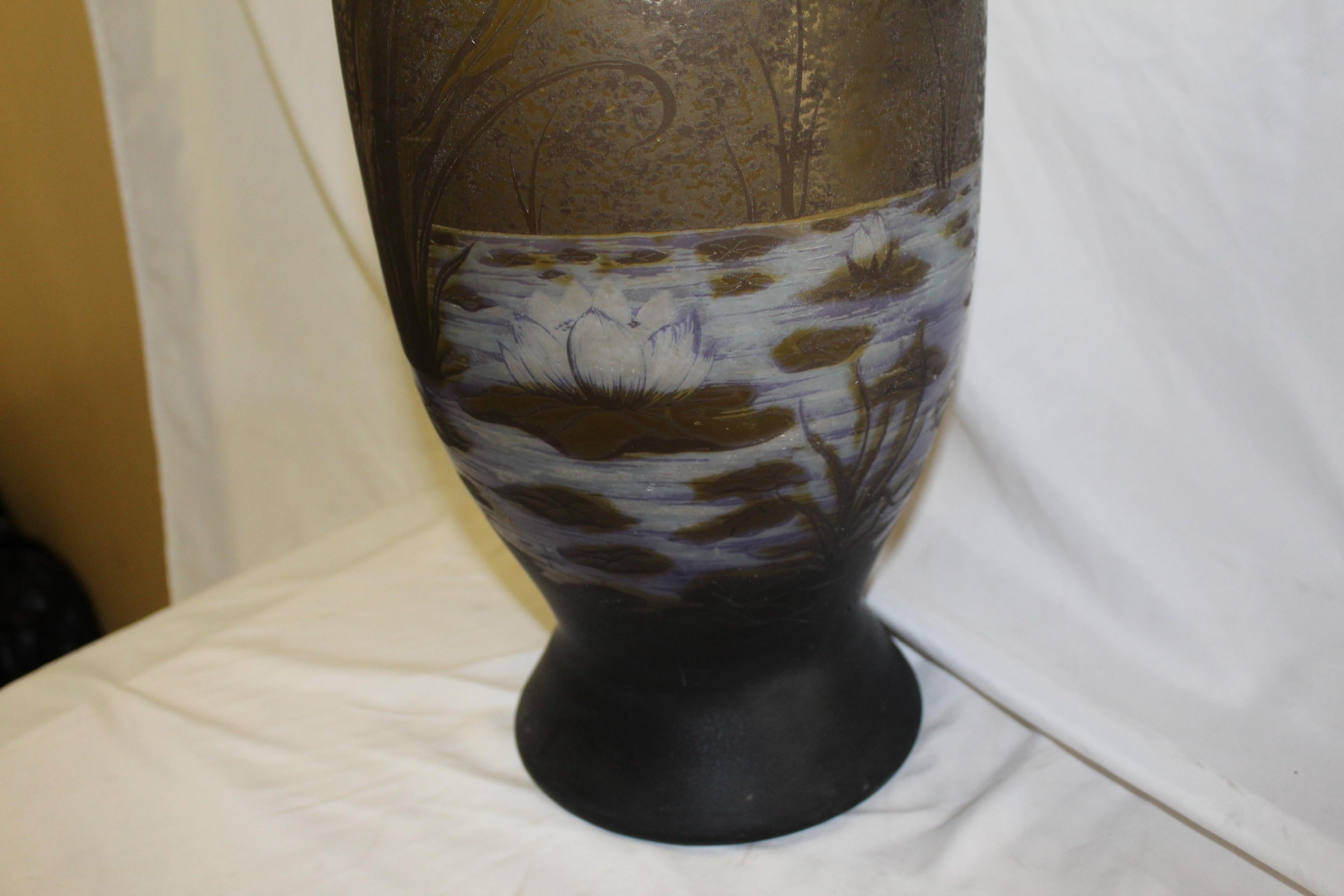Carved Art Nouveau Style, Extra Large Glass Vase After Galle', Very Rare For Sale
