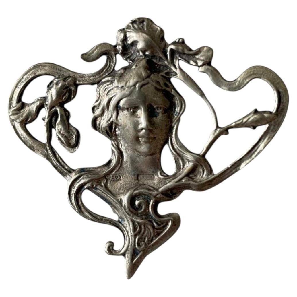 Art Nouveau Silver Brooch with Female Portrait, Detailed Relief, 1970
