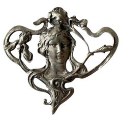 Art Nouveau Silver Brooch with Female Portrait, Detailed Relief, 1970
