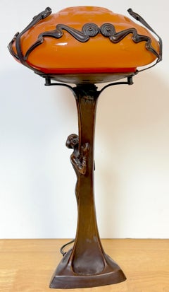 Art Nouveau Style Figural Bronze Lamp Loetz Style Orange Art Glass Shade, 20th C