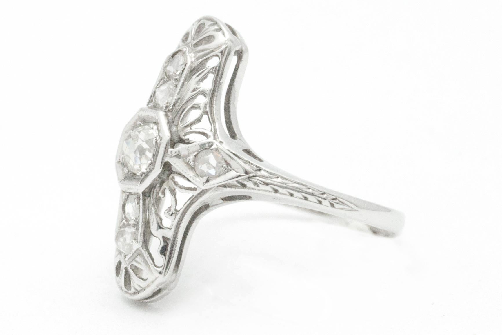 Revival Art Nouveau Style Filigree Diamond Shield Engagement Ring For Sale