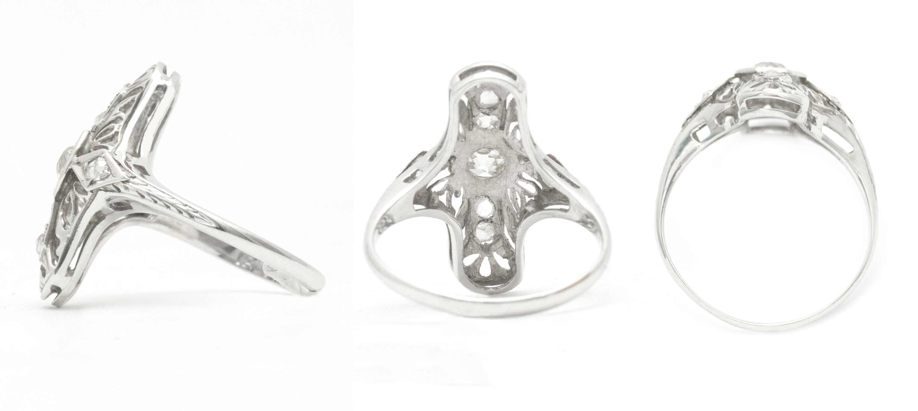 Old Mine Cut Art Nouveau Style Filigree Diamond Shield Engagement Ring For Sale