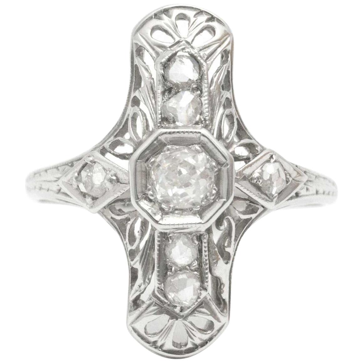 Art Nouveau Style Filigree Diamond Shield Engagement Ring For Sale