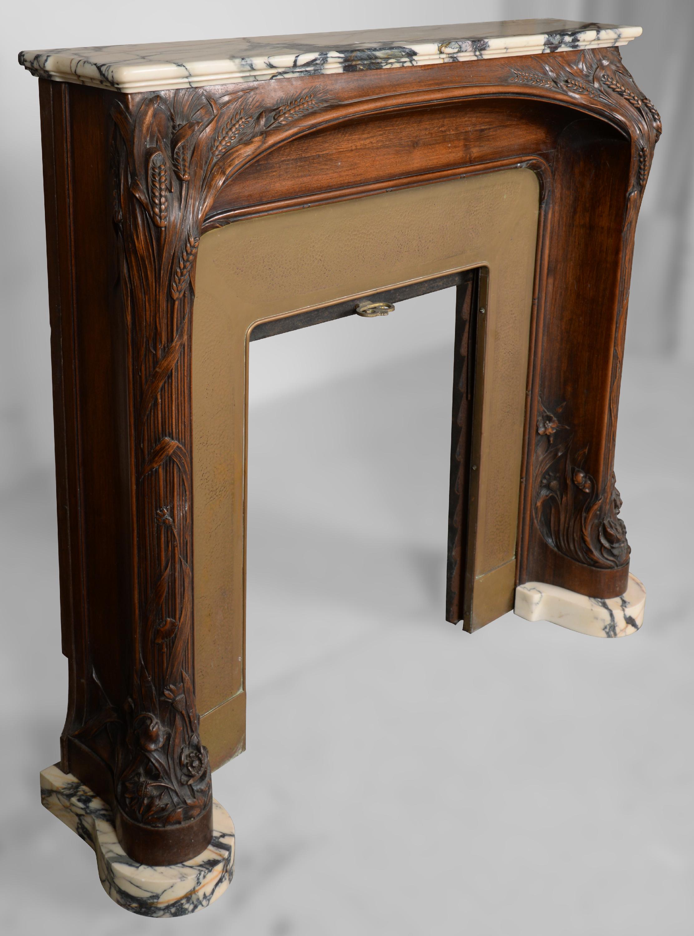 French Art Nouveau style fireplace in walnut wood and Panazeau marble