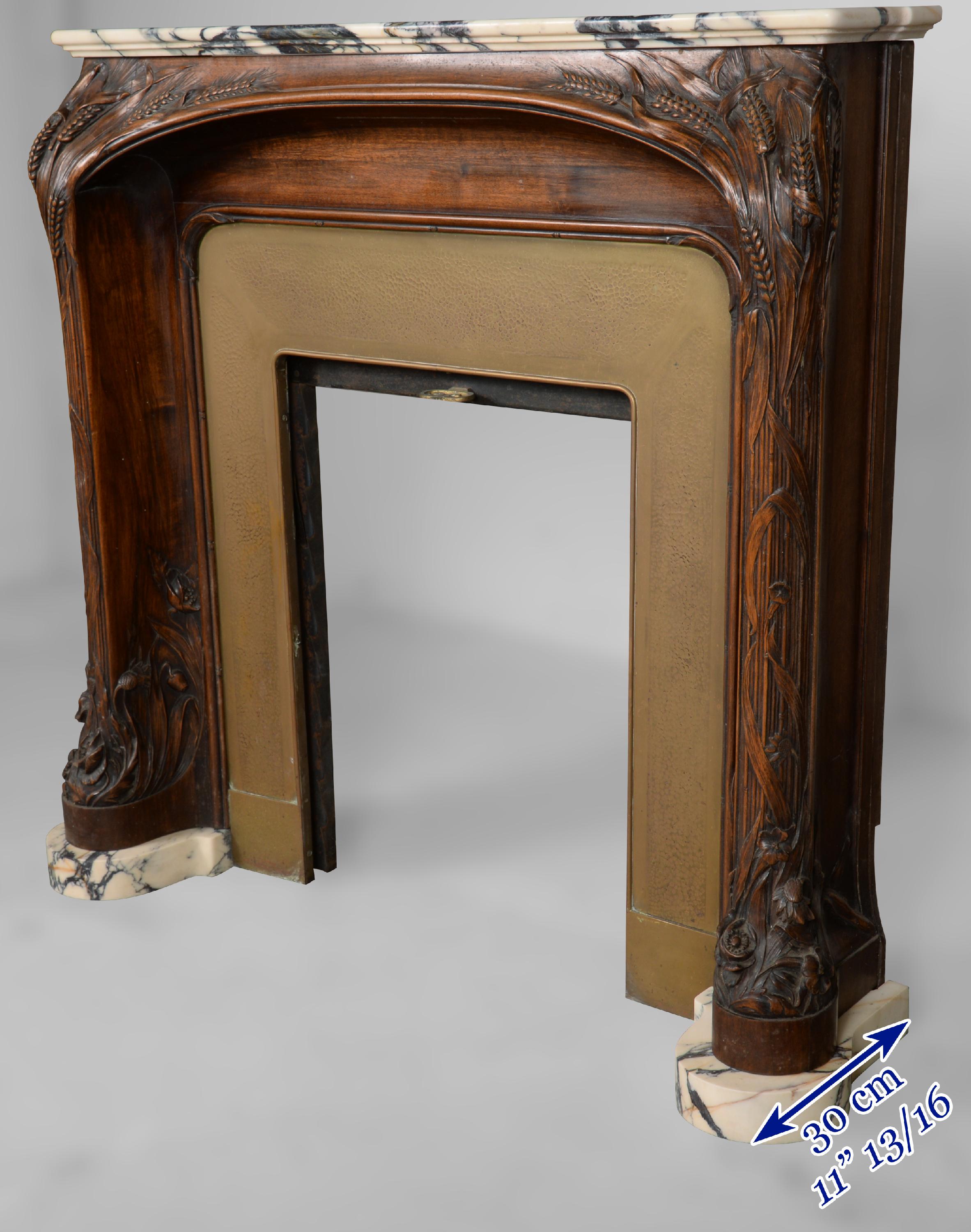 Art Nouveau style fireplace in walnut wood and Panazeau marble 1