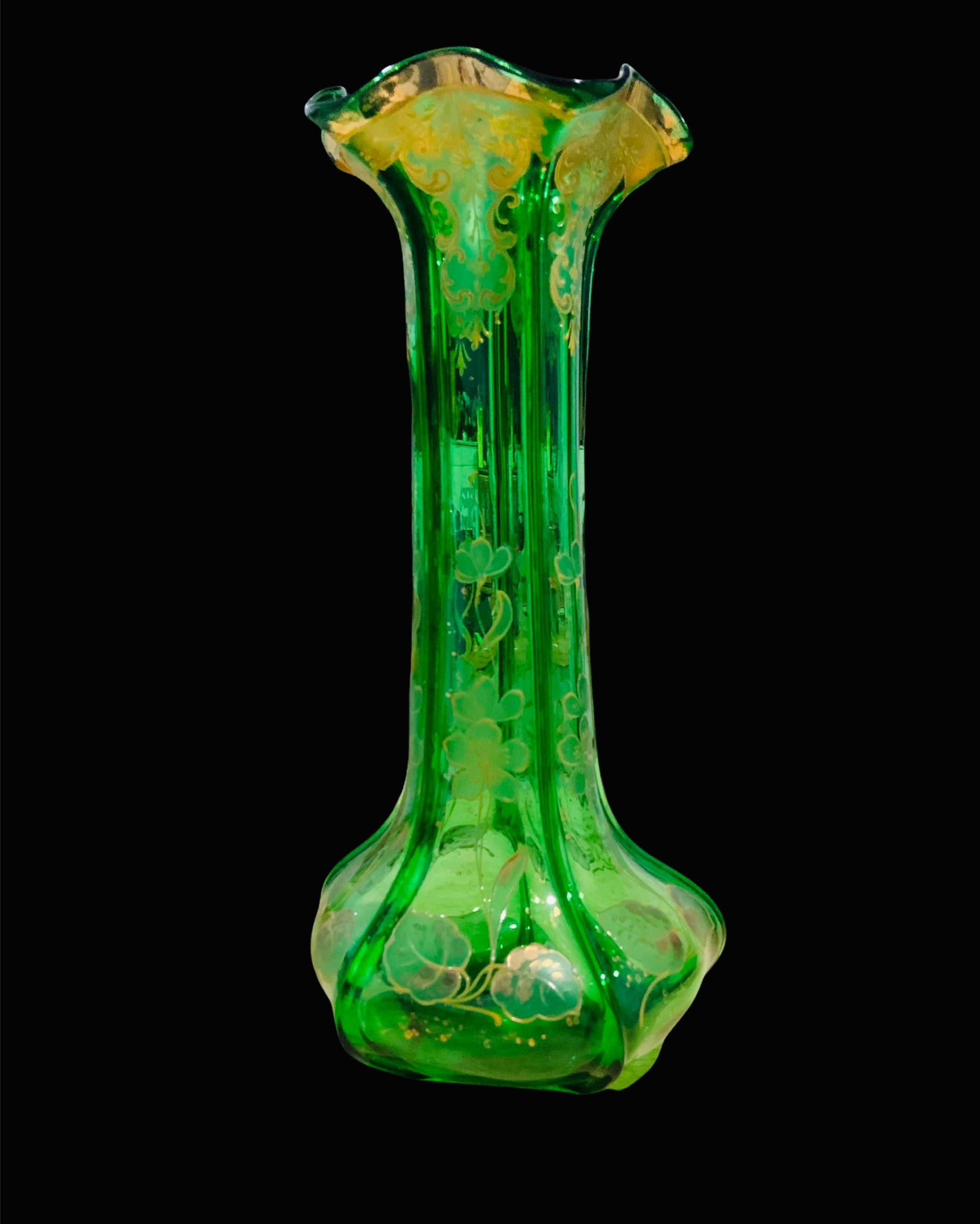 Unknown Art Nouveau Style Gilt Green Glass Long Vase
