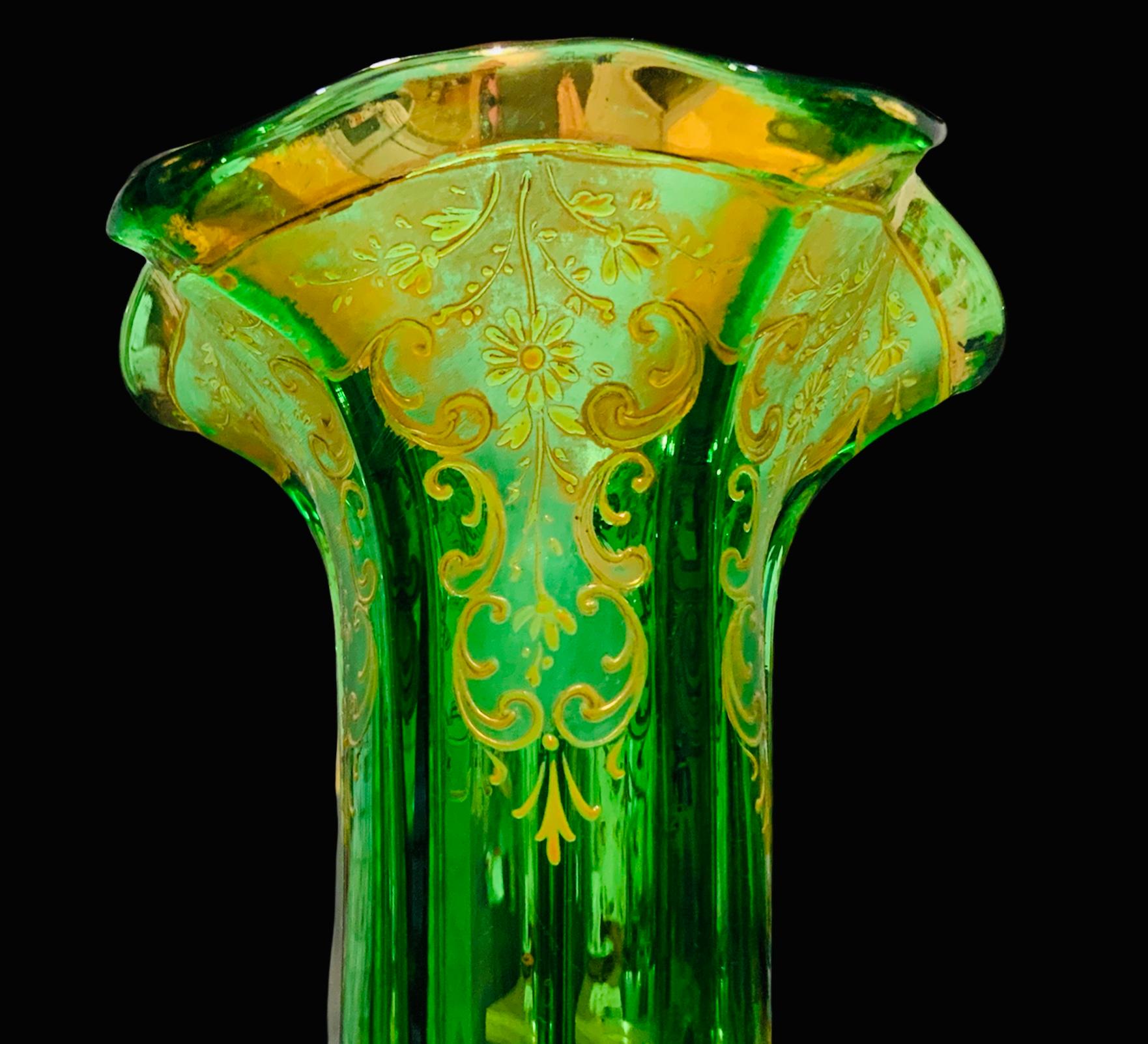 Hand-Painted Art Nouveau Style Gilt Green Glass Long Vase