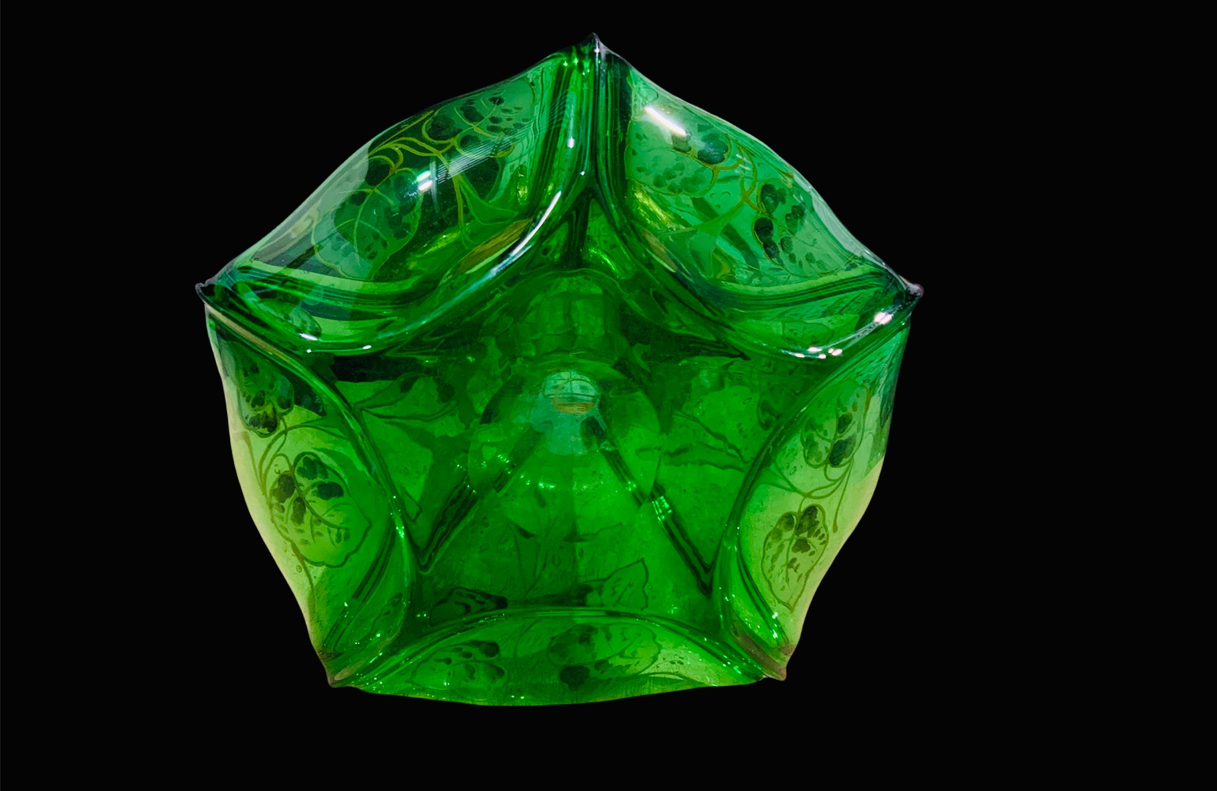 20th Century Art Nouveau Style Gilt Green Glass Long Vase