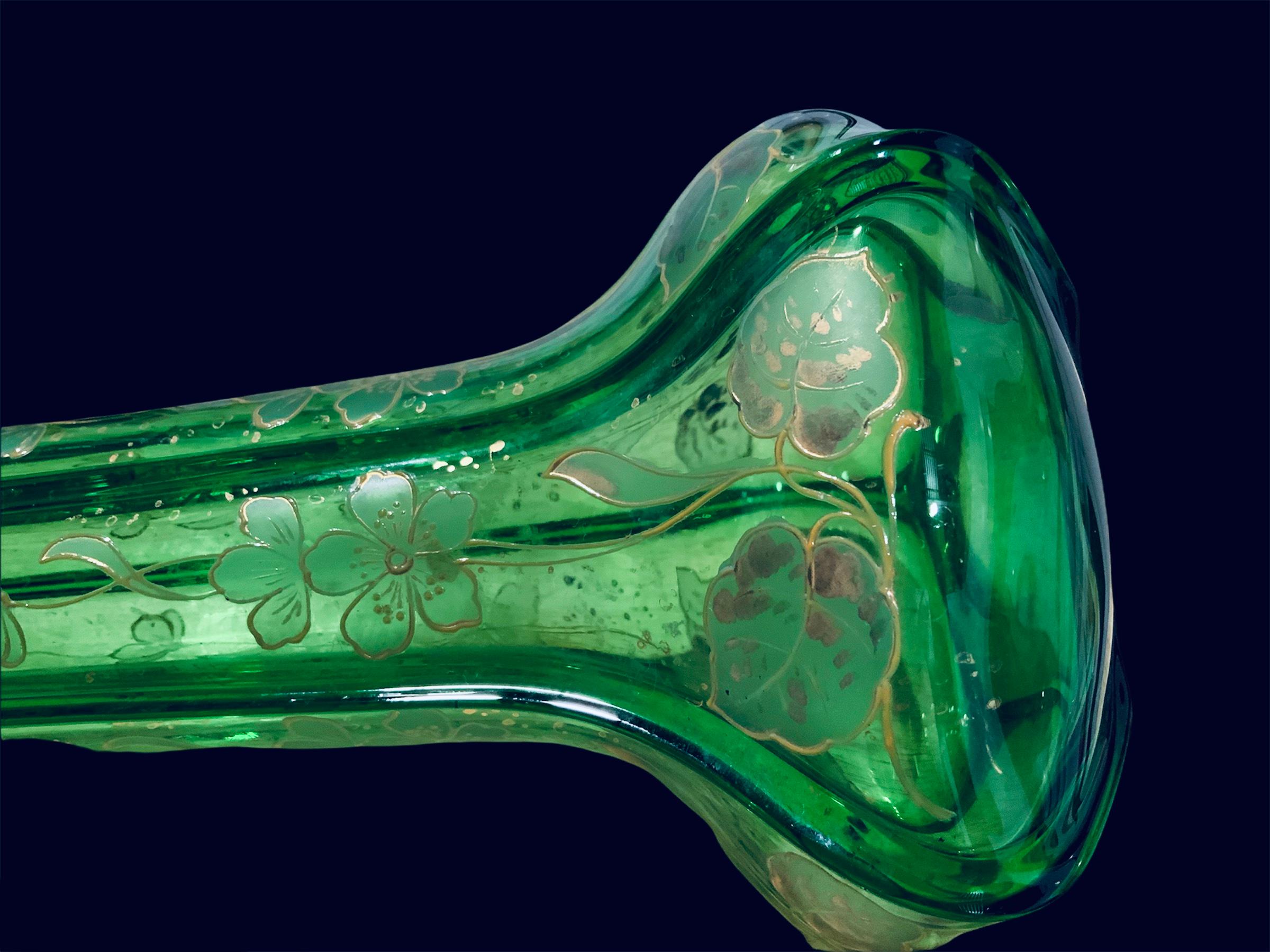 Reeded Glass Art Nouveau Style Gilt Green Glass Long Vase