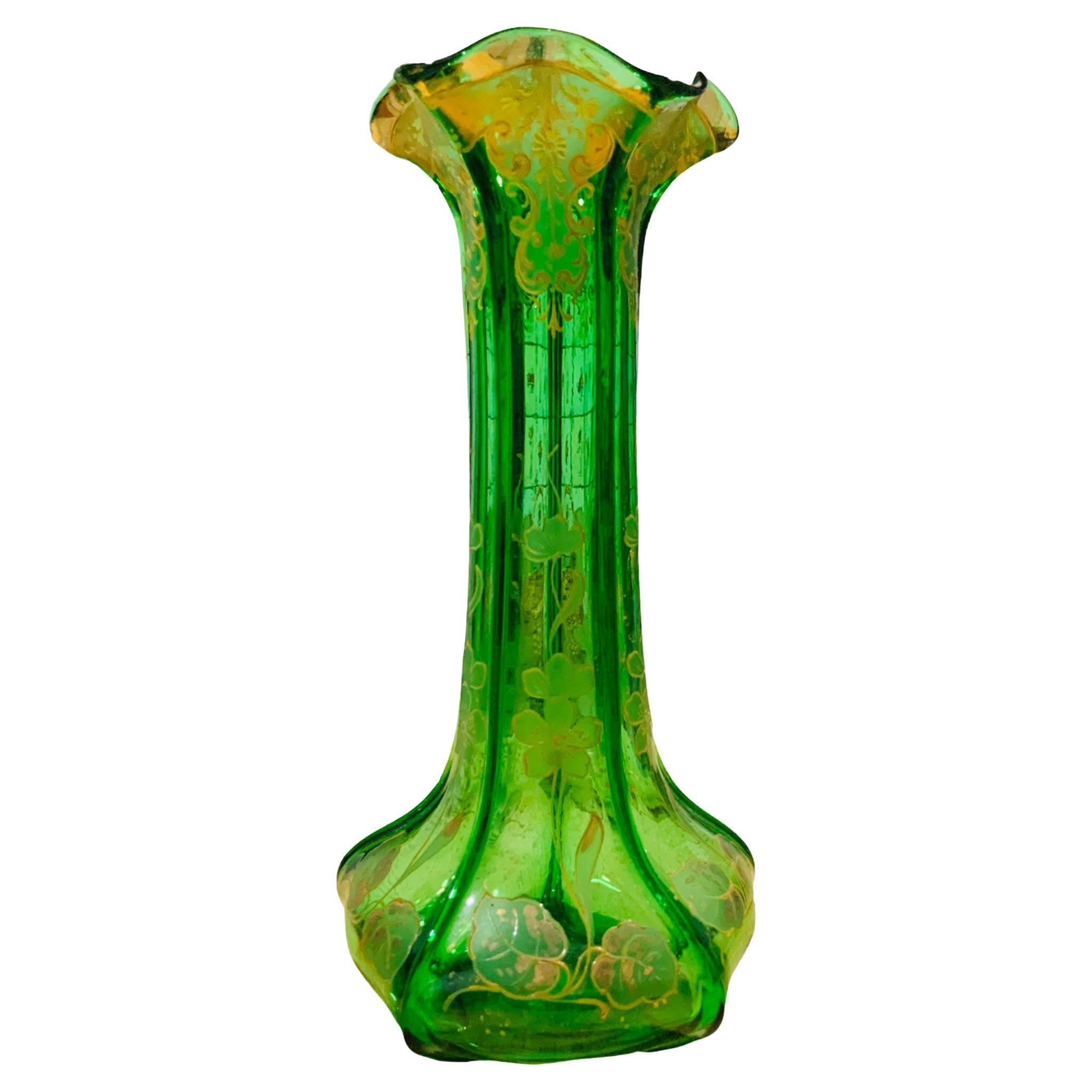 Art Nouveau Style Gilt Green Glass Long Vase