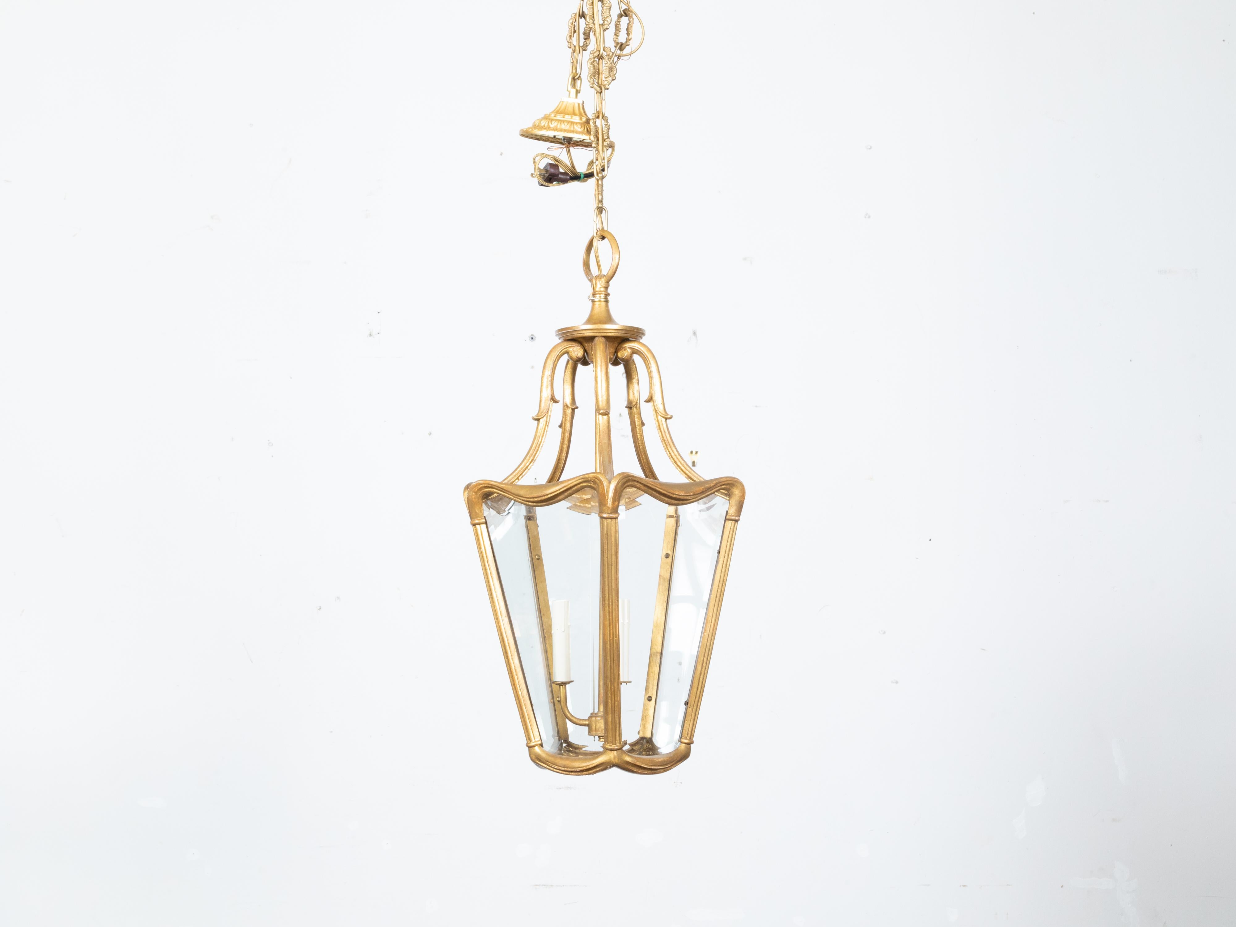 European Art Nouveau Style Gilt Metal Three-Light Lantern with Subtle Scrolling Effects For Sale