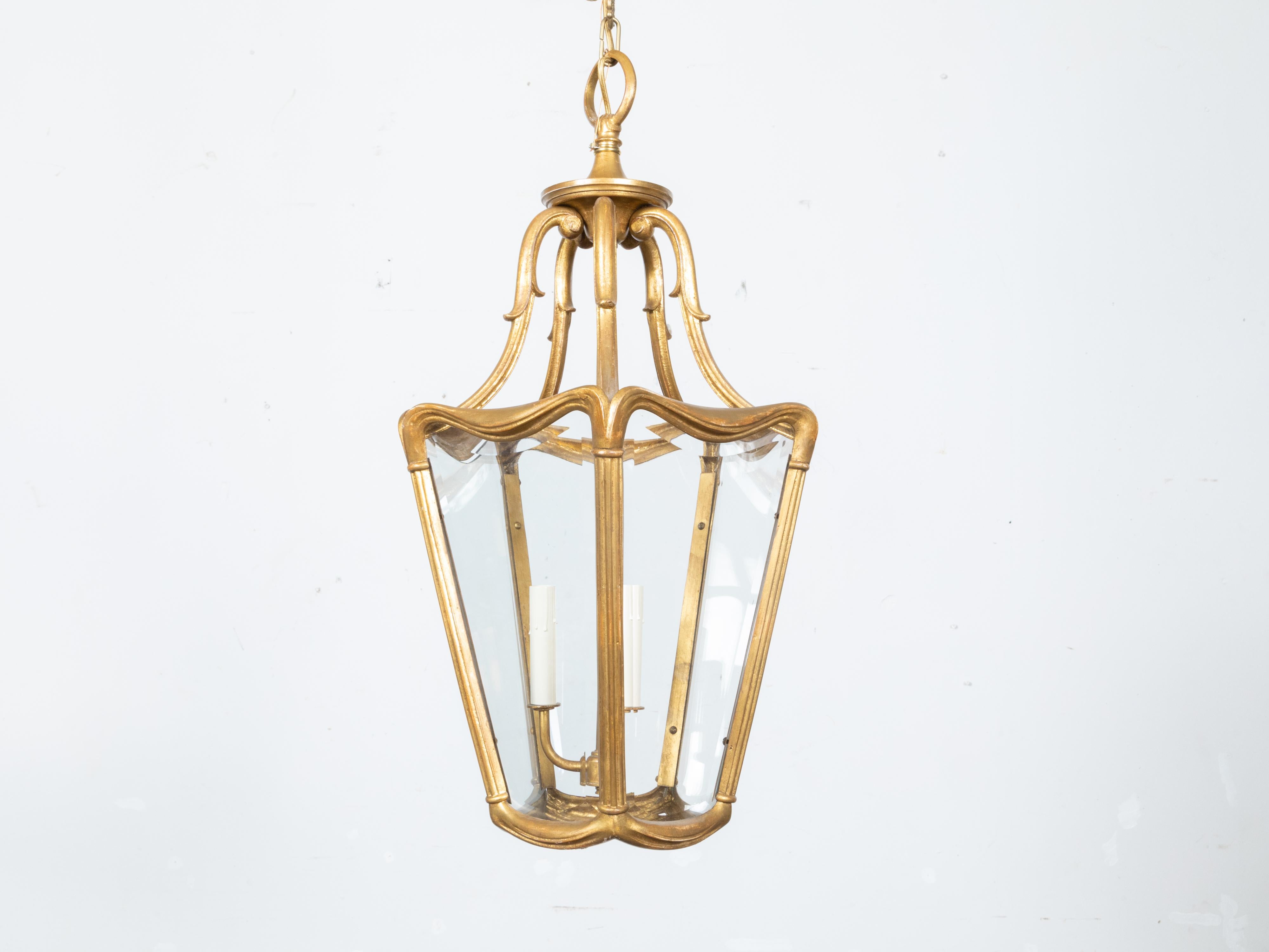 Art Nouveau Style Gilt Metal Three-Light Lantern with Subtle Scrolling Effects In Good Condition For Sale In Atlanta, GA