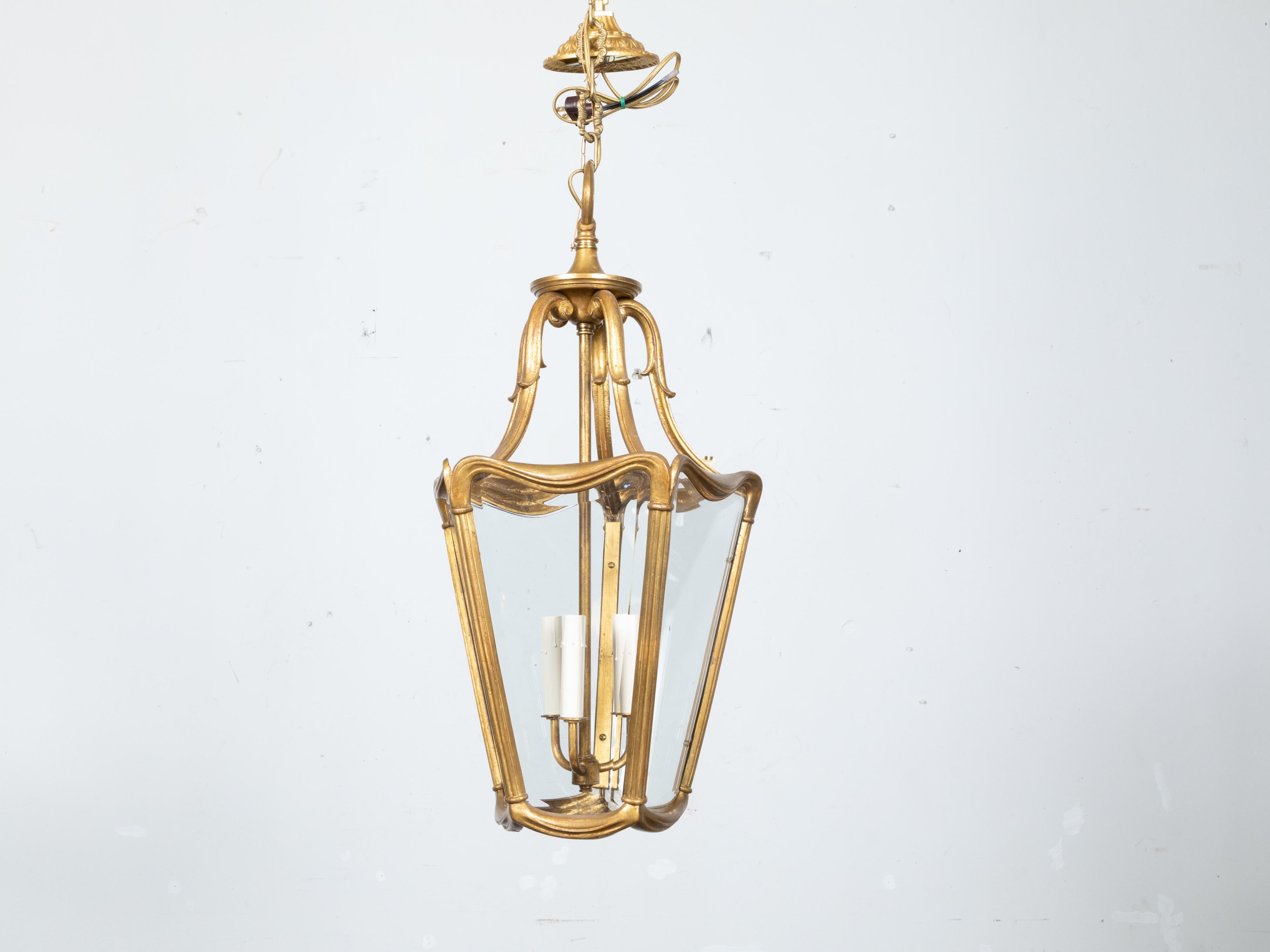 20th Century Art Nouveau Style Gilt Metal Three-Light Lantern with Subtle Scrolling Effects For Sale