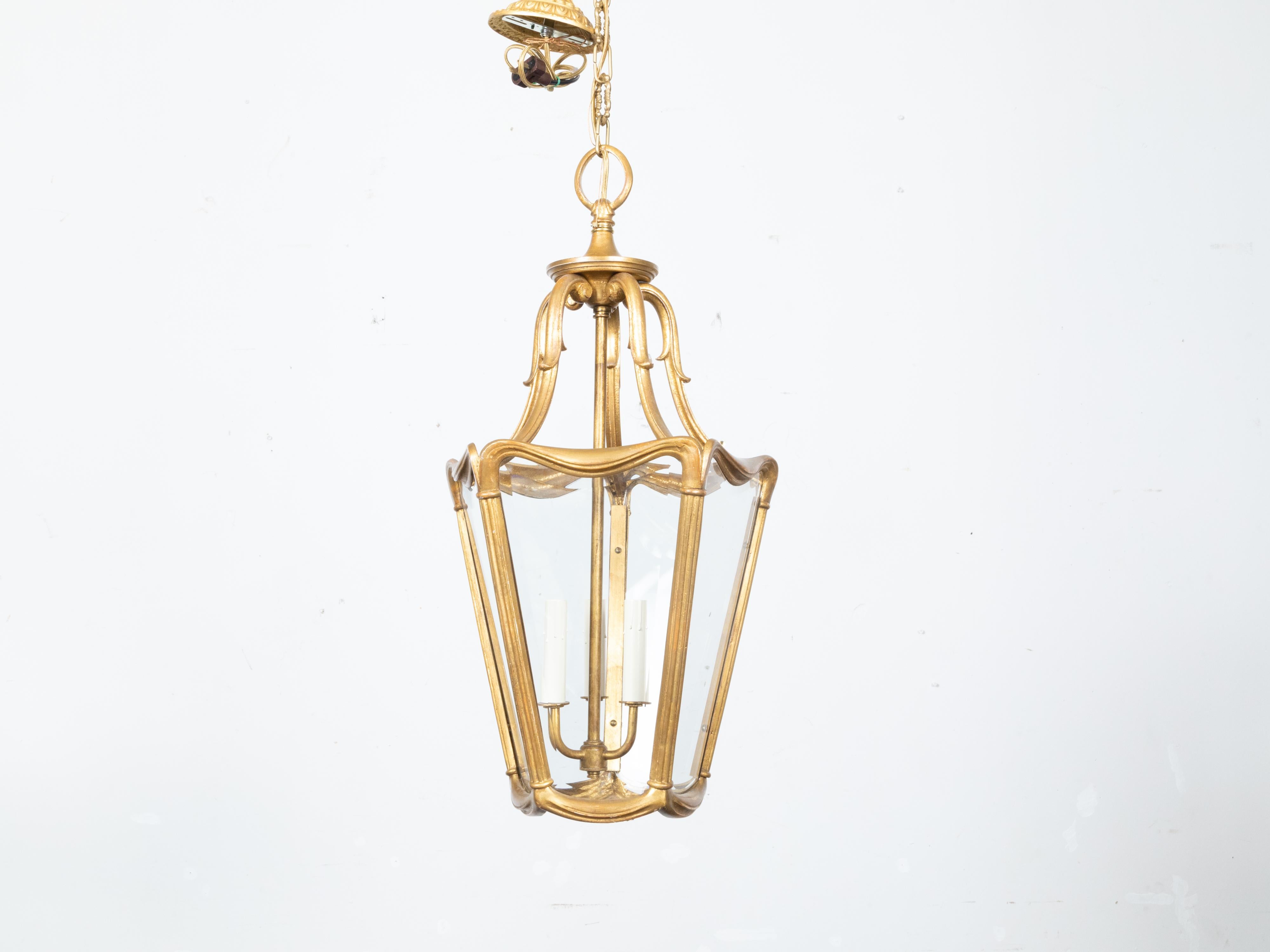 Art Nouveau Style Gilt Metal Three-Light Lantern with Subtle Scrolling Effects For Sale 1
