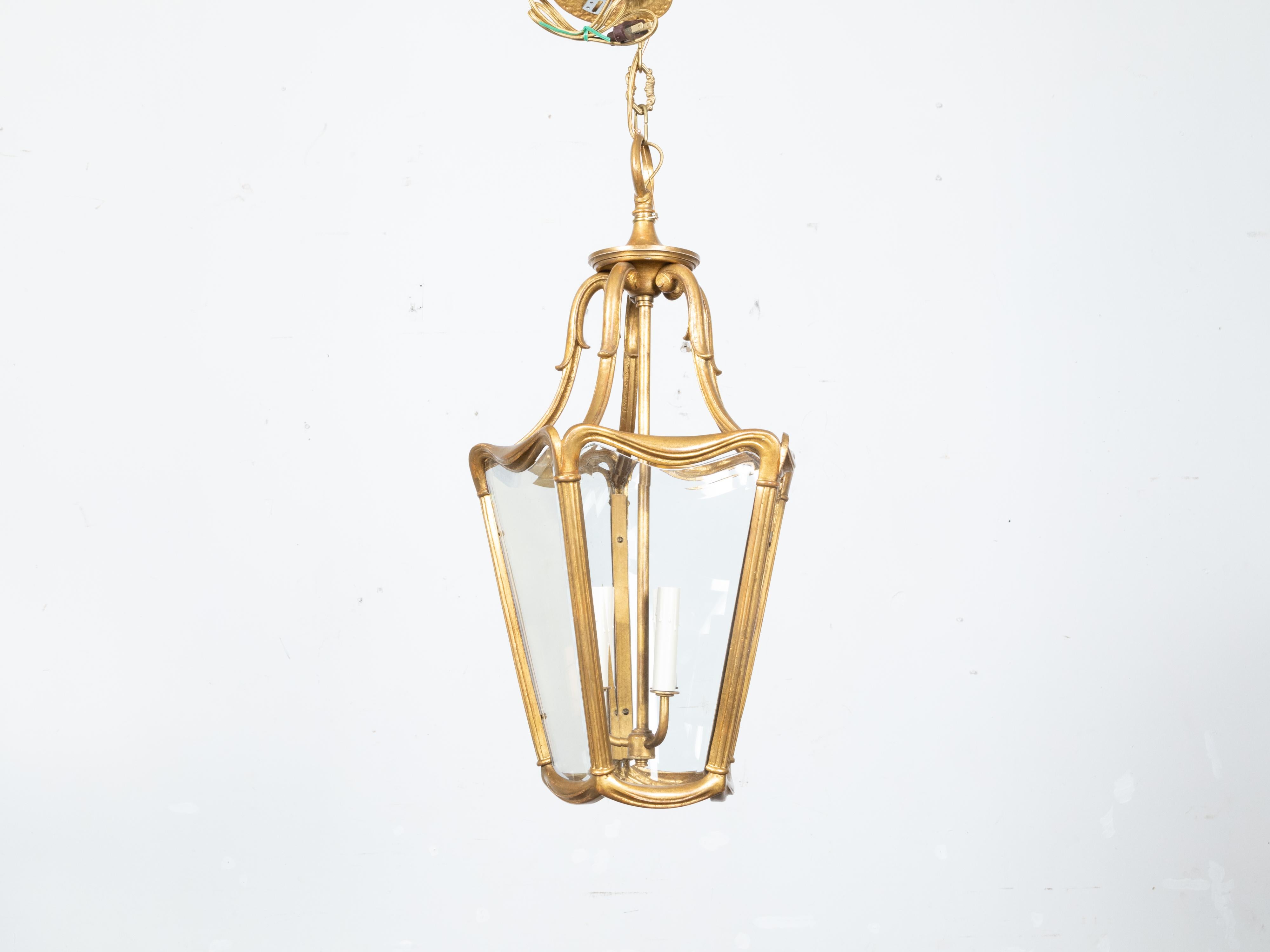 Art Nouveau Style Gilt Metal Three-Light Lantern with Subtle Scrolling Effects For Sale 2