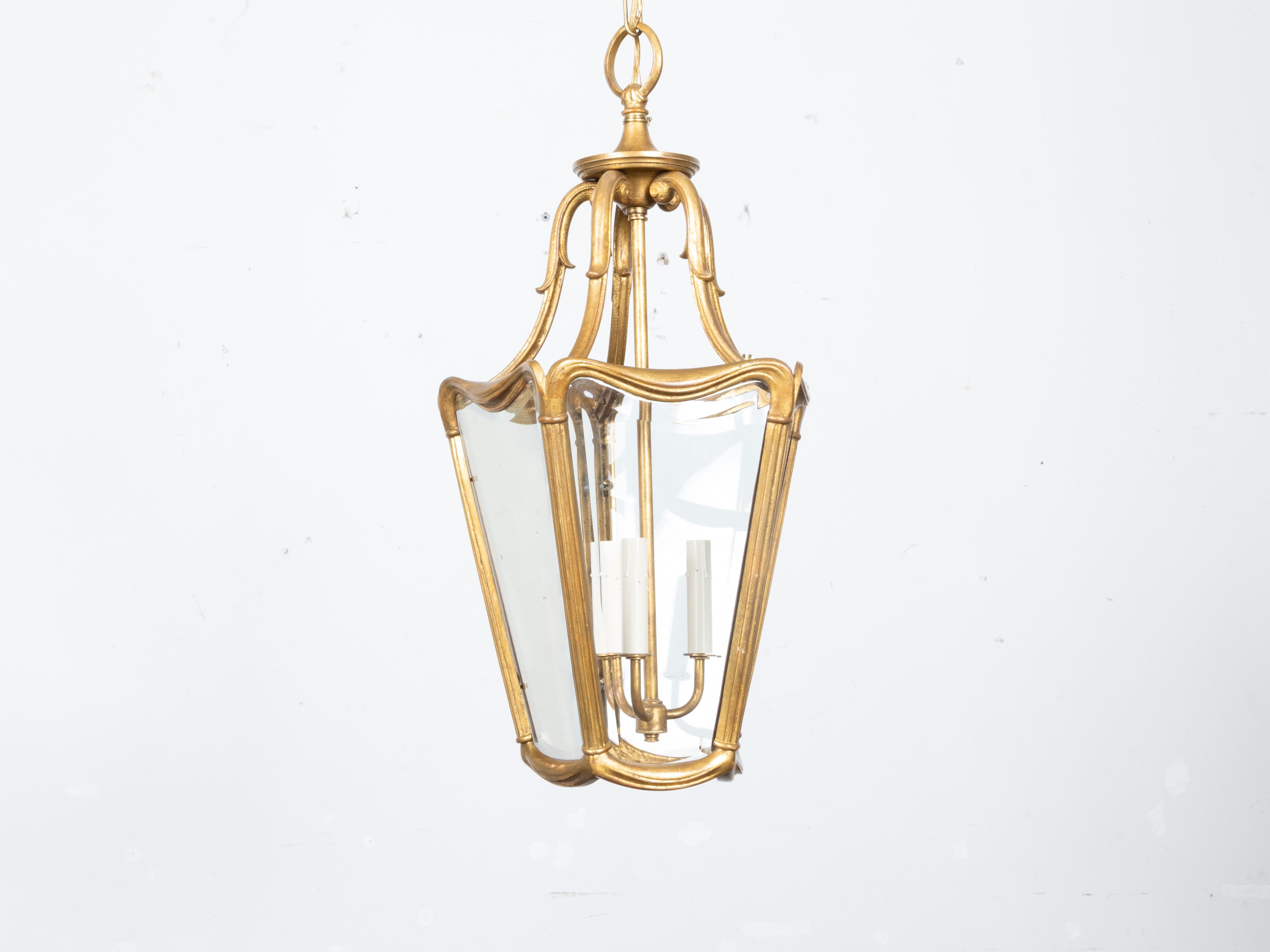 Art Nouveau Style Gilt Metal Three-Light Lantern with Subtle Scrolling Effects For Sale 3