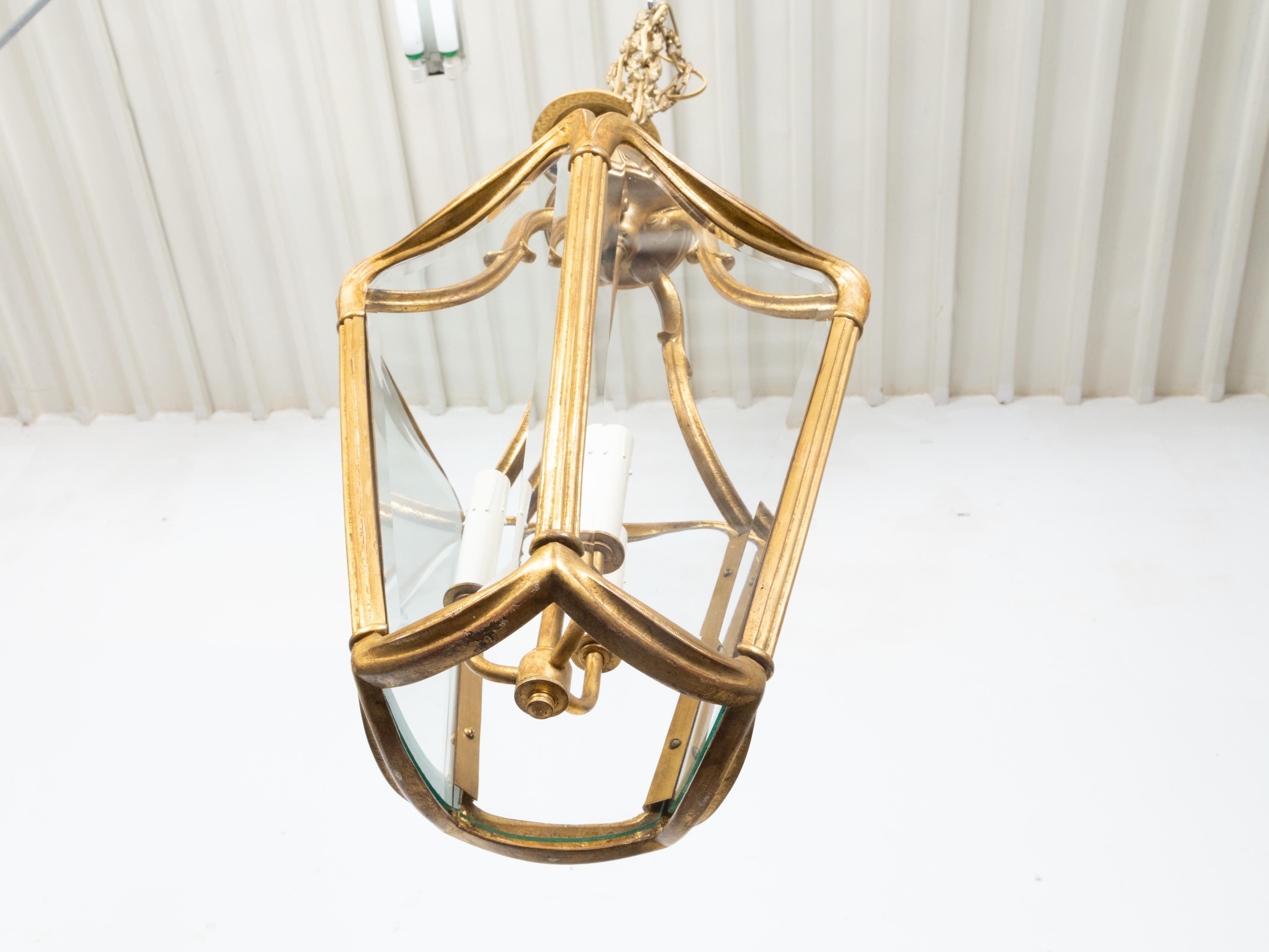 Art Nouveau Style Gilt Metal Three-Light Lantern with Subtle Scrolling Effects For Sale 4