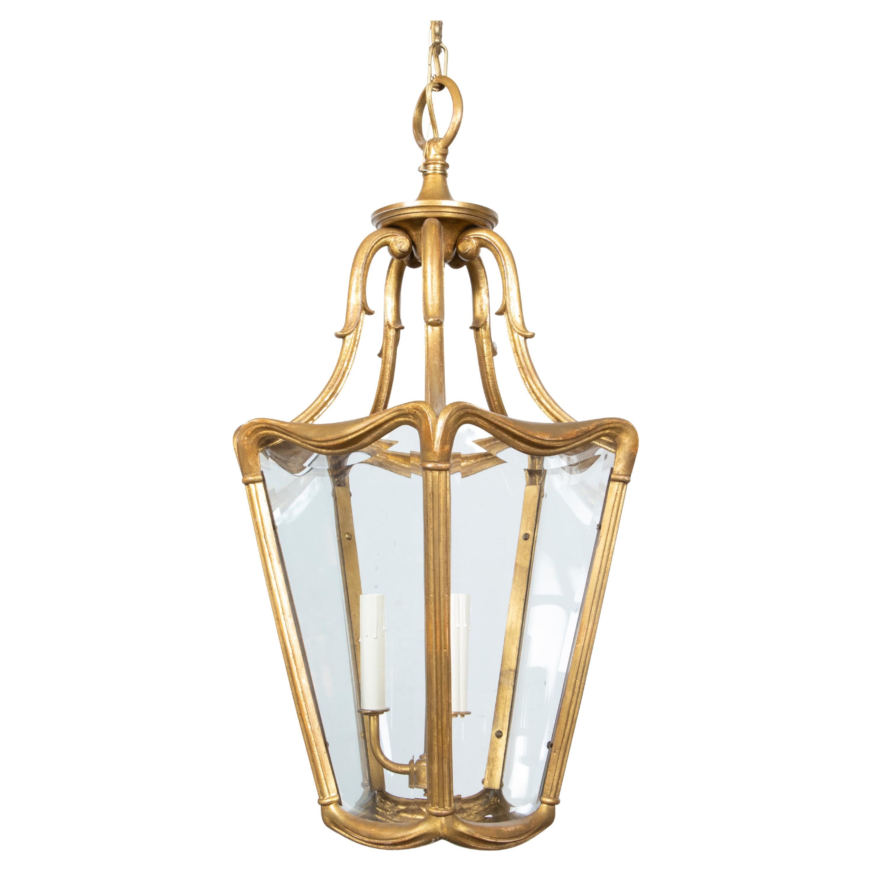 Art Nouveau Style Gilt Metal Three-Light Lantern with Subtle Scrolling Effects For Sale