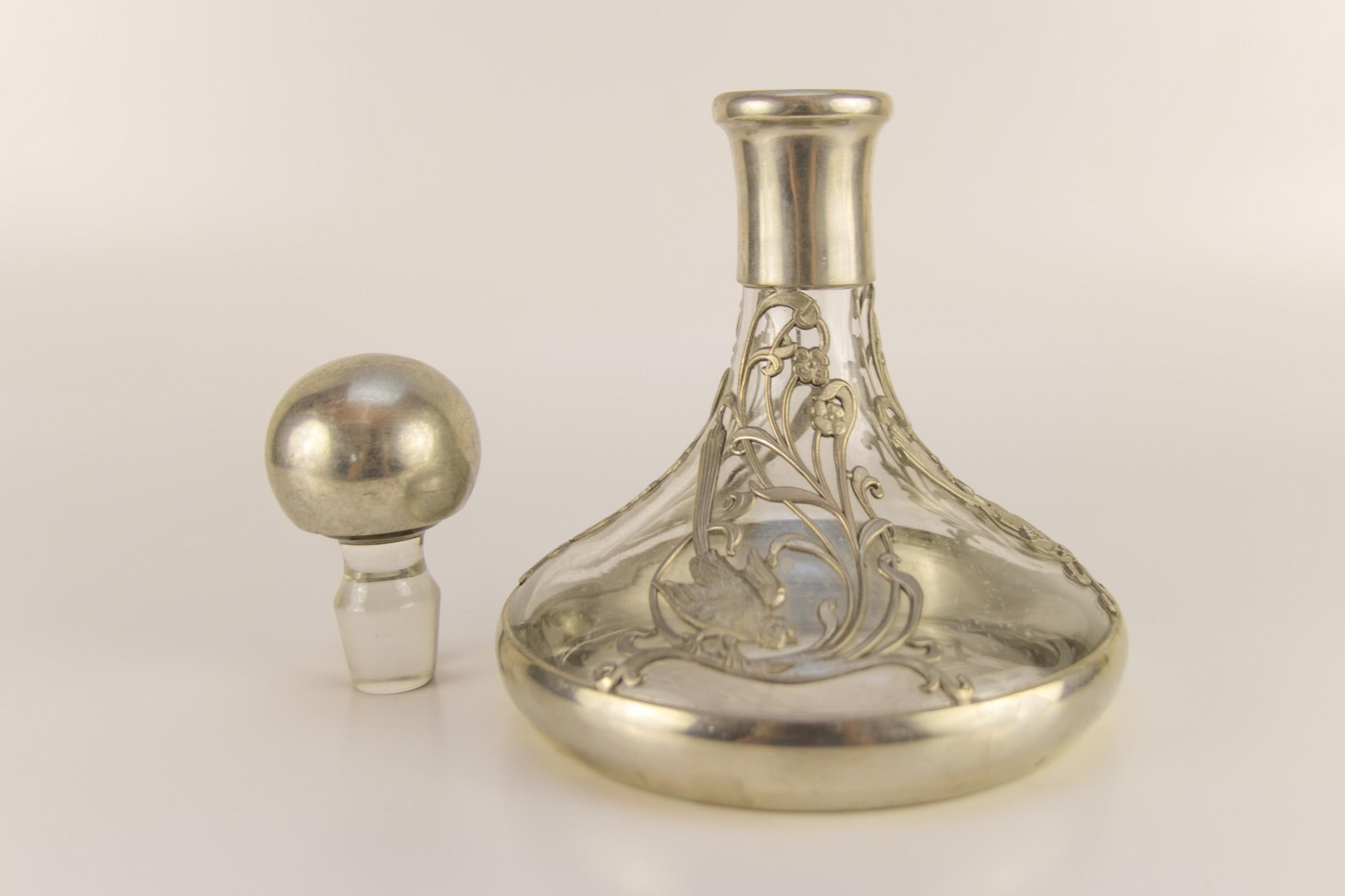 Belgian Art Nouveau Style Glass and Pewter Decanter