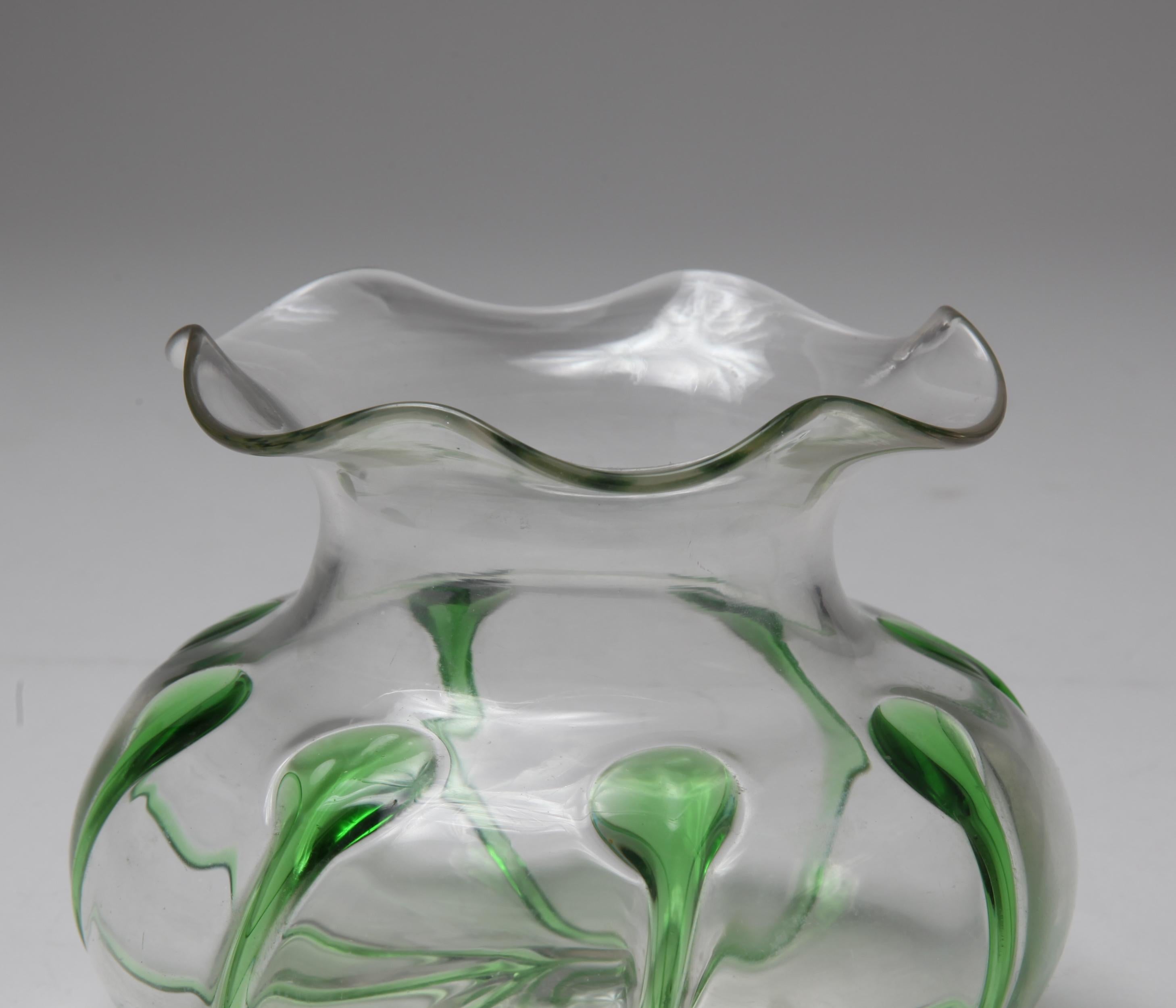 Art Nouveau Style Glass Bowl with Green Accents In Good Condition For Sale In New York, NY