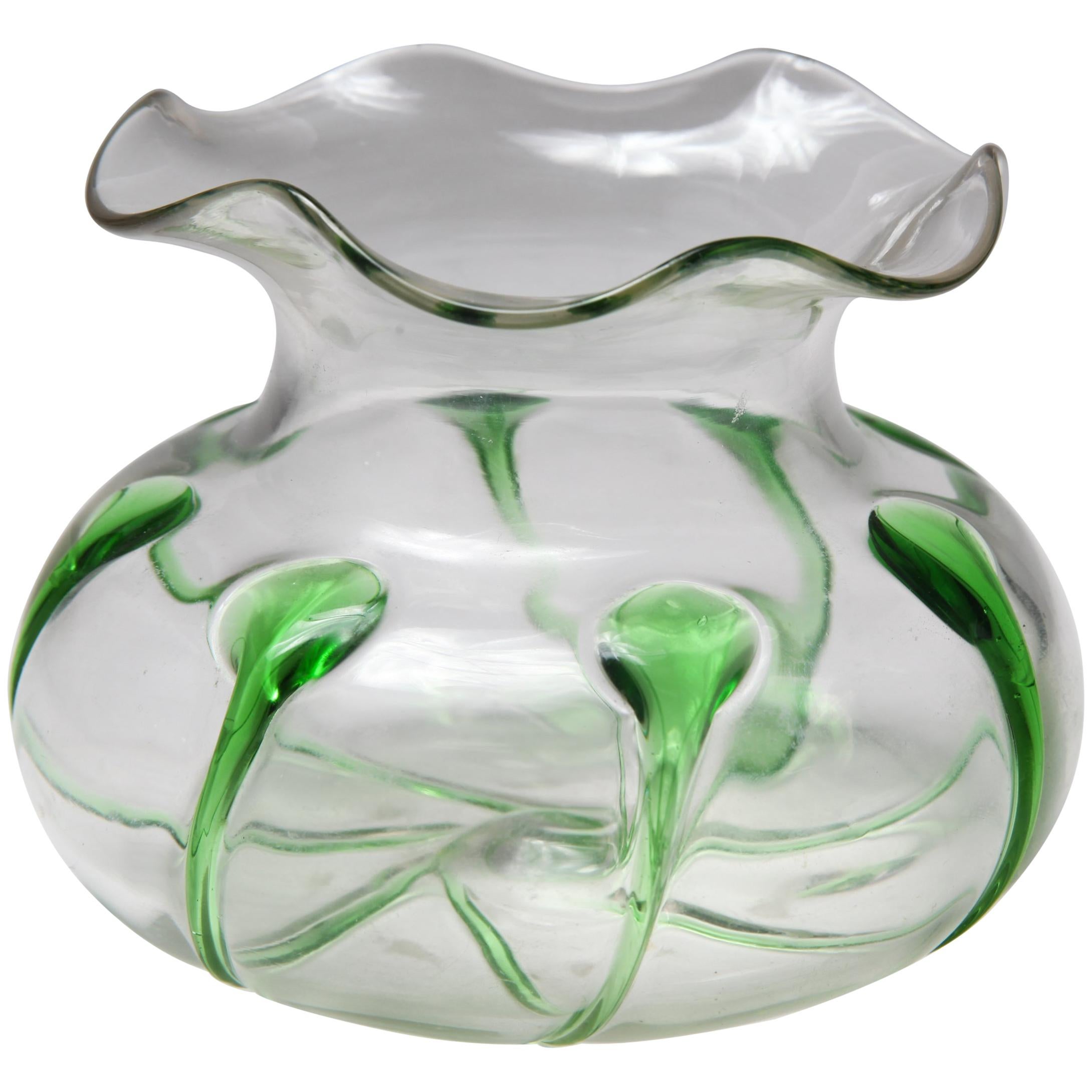 Art Nouveau Style Glass Bowl with Green Accents For Sale