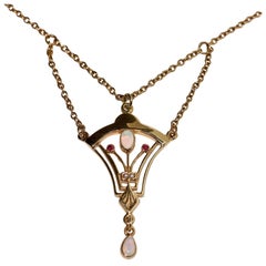 Art Nouveau Style Gold Necklace with Opals, Rubies and Pearls by H.J. Müller
