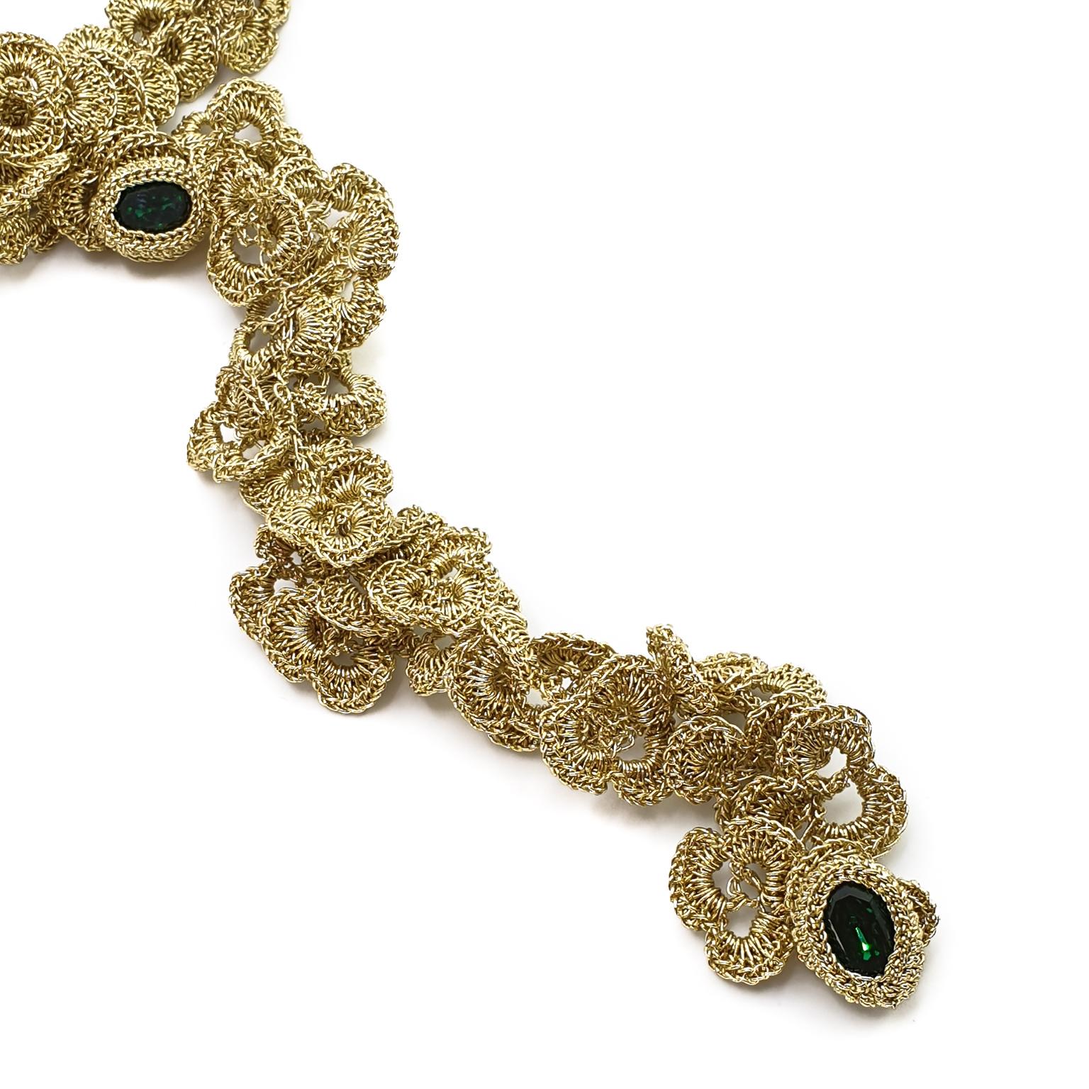 Gold Color Thread Emerald Swarovski Crystals Art Nouveau Style Fashion Necklace In New Condition For Sale In Kfar Saba, IL