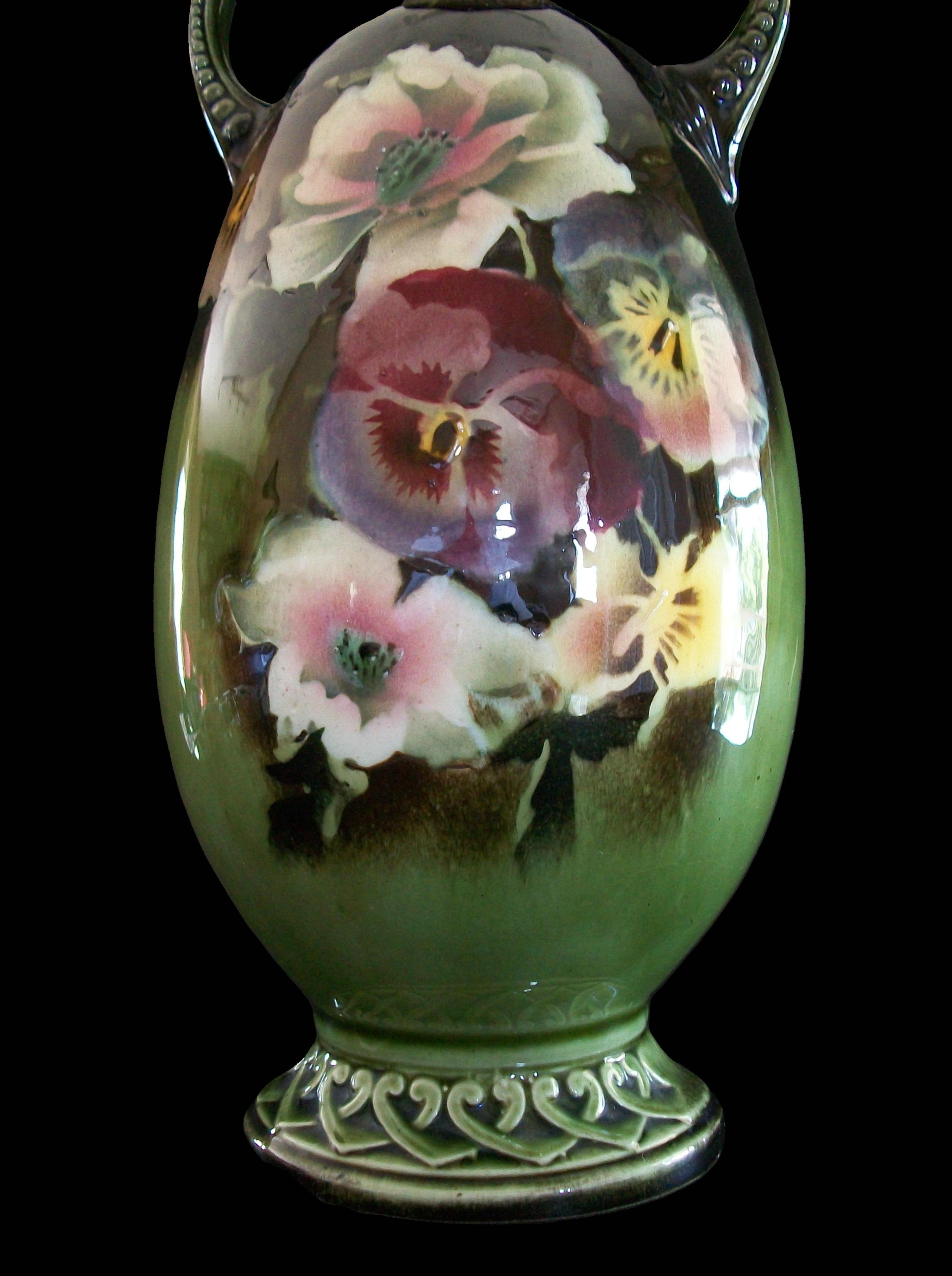 Glazed Art Nouveau Style Hand Painted Ceramic Vase - Czechia - Circa 1950's For Sale
