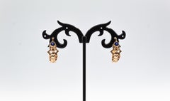 Boucles d'oreilles à levier de style Art nouveau, fabriquées à la main, en or jaune et saphir bleu