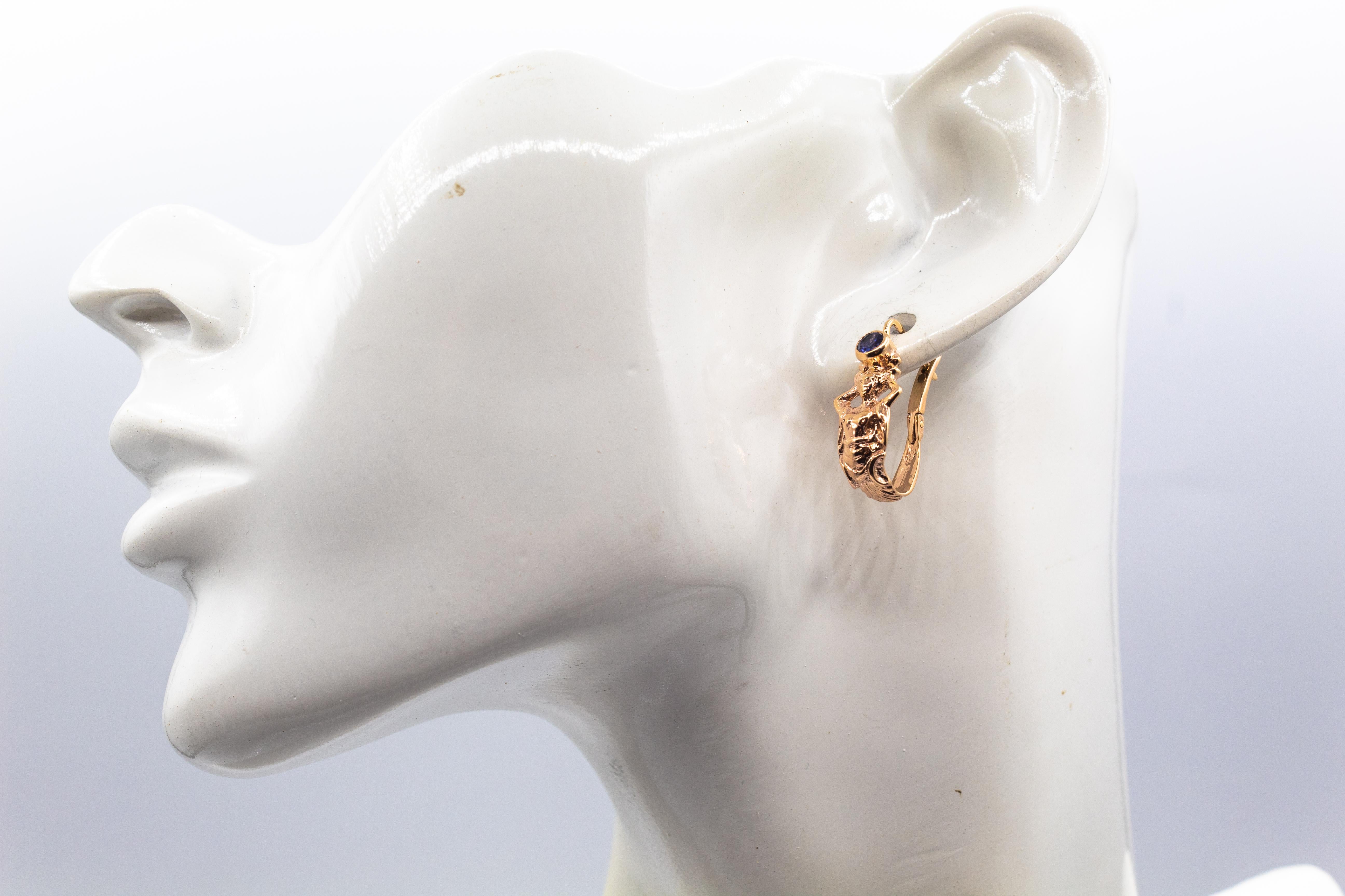 Art Nouveau Style Handcrafted Blue Sapphire Yellow Gold Lever-Back Earrings For Sale 15