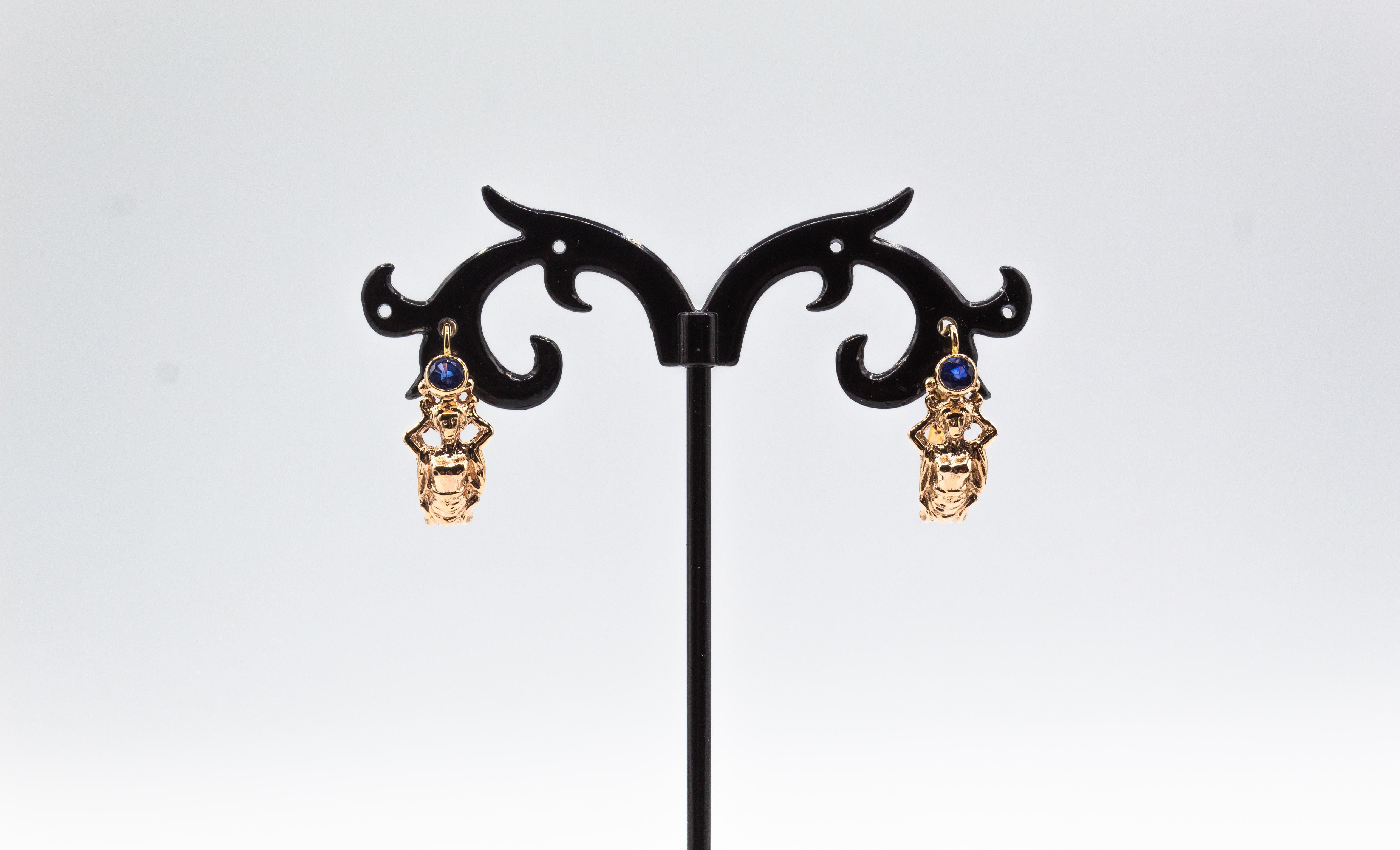 Round Cut Art Nouveau Style Handcrafted Blue Sapphire Yellow Gold Lever-Back Earrings For Sale