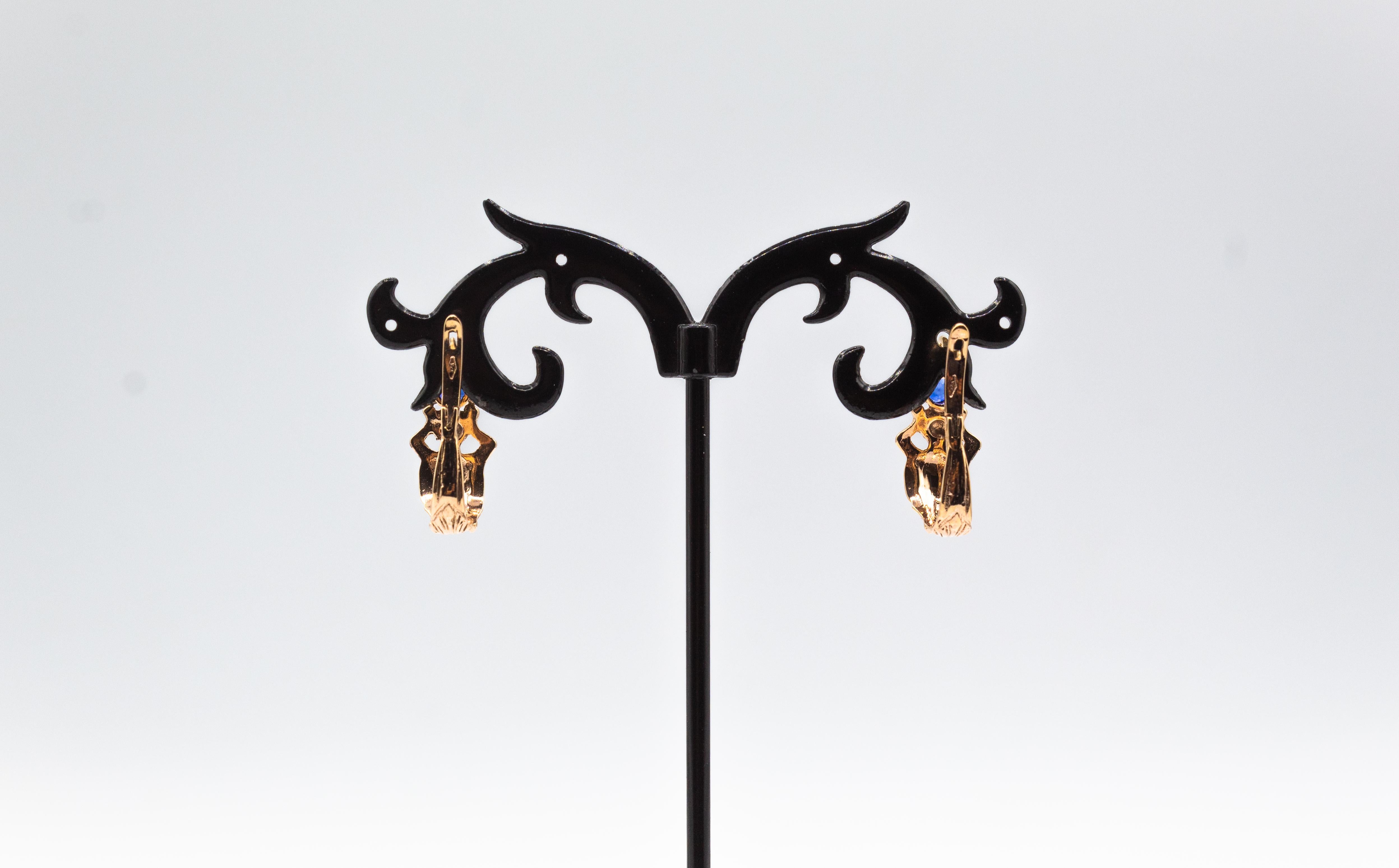 Art Nouveau Style Handcrafted Blue Sapphire Yellow Gold Lever-Back Earrings In New Condition For Sale In Naples, IT