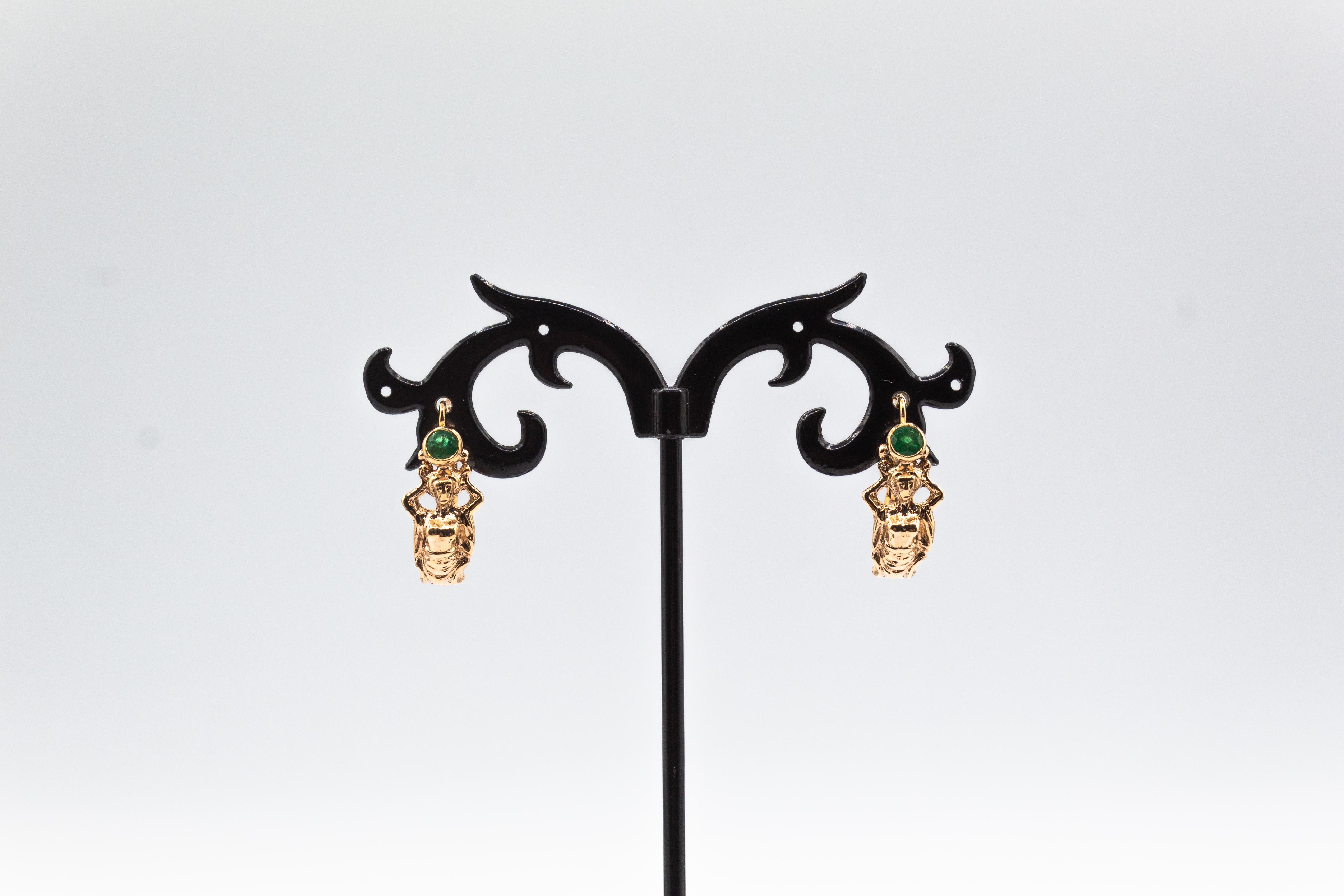 Art Nouveau Style Handcrafted Blue Sapphire Yellow Gold Lever-Back Earrings For Sale 2