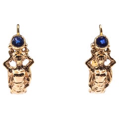Art Nouveau Style Handcrafted Blue Sapphire Yellow Gold Lever-Back Earrings
