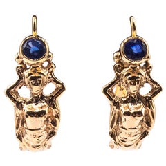 Boucles d'oreilles à levier de style Art nouveau, fabriquées à la main, en or jaune et saphir bleu