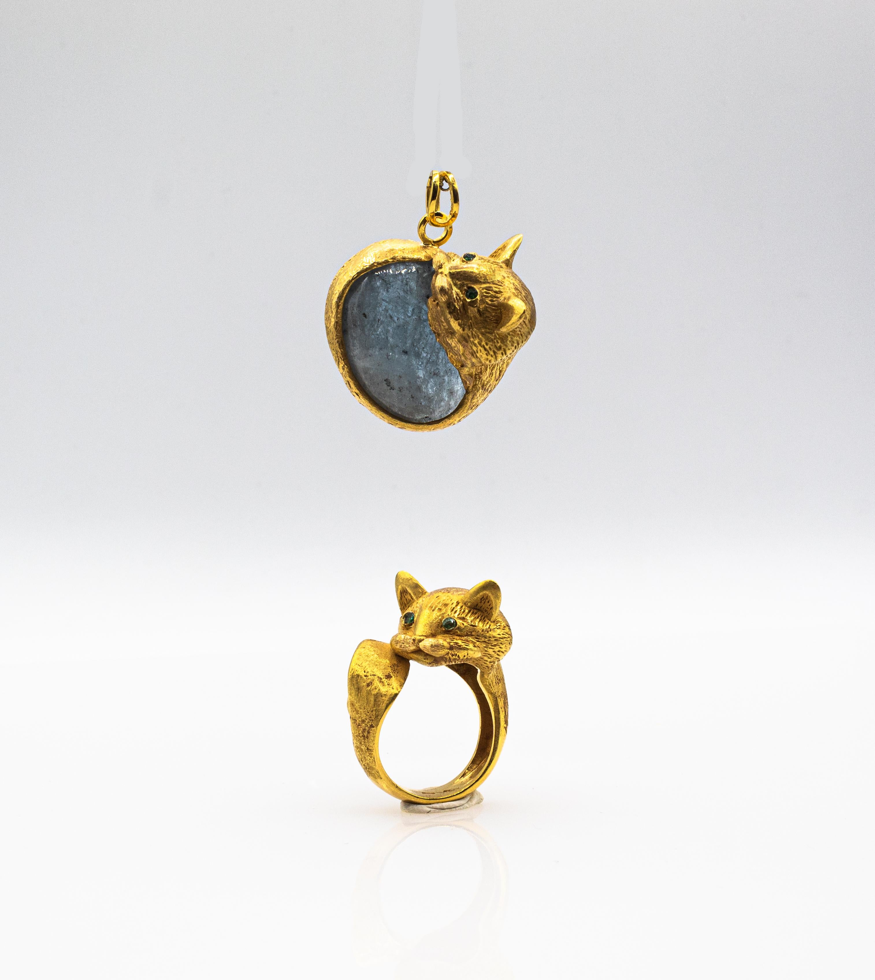 Art Nouveau Style Handcrafted Emerald Yellow Gold 