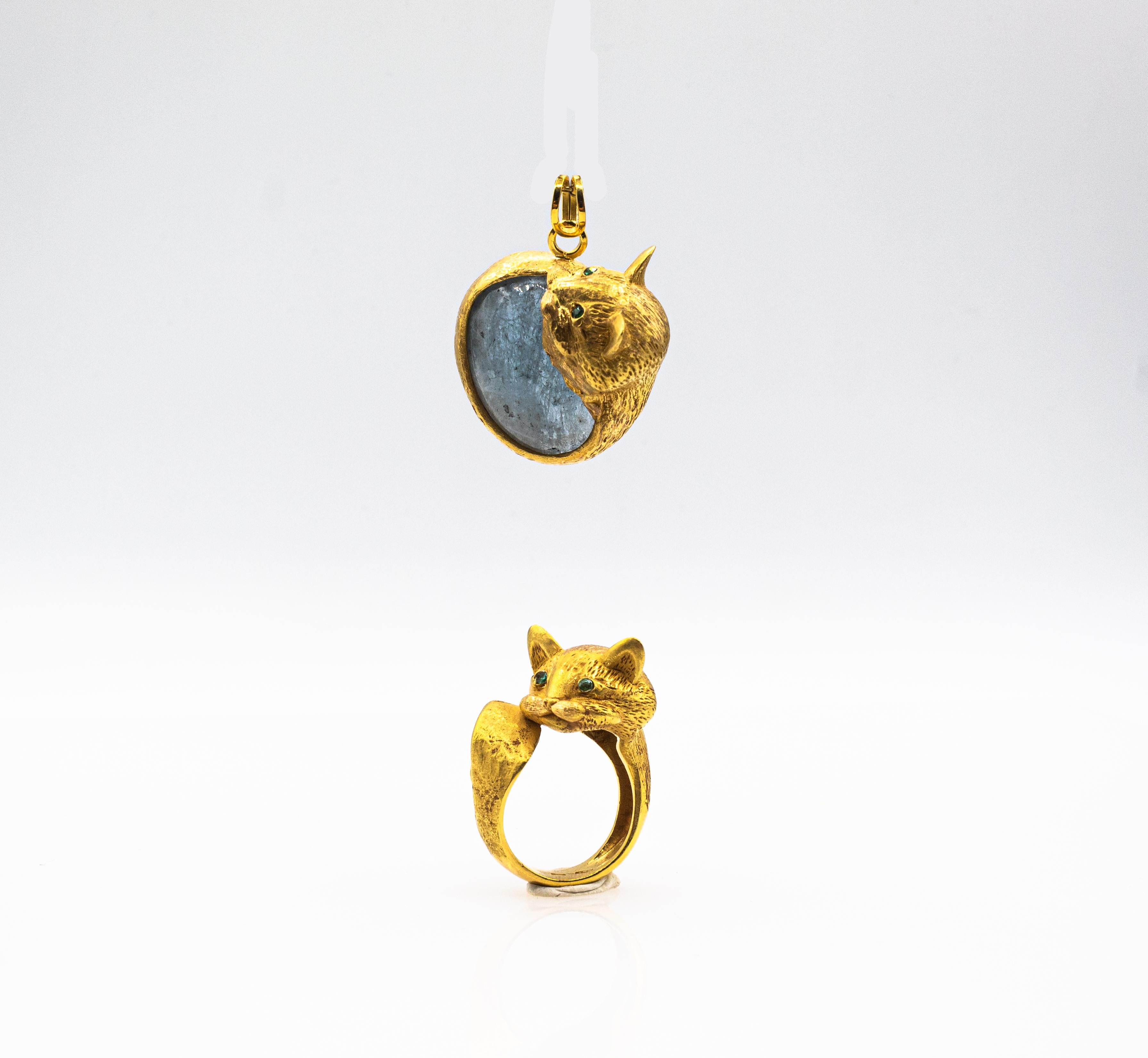 Art Nouveau Style Handcrafted Emerald Yellow Gold 