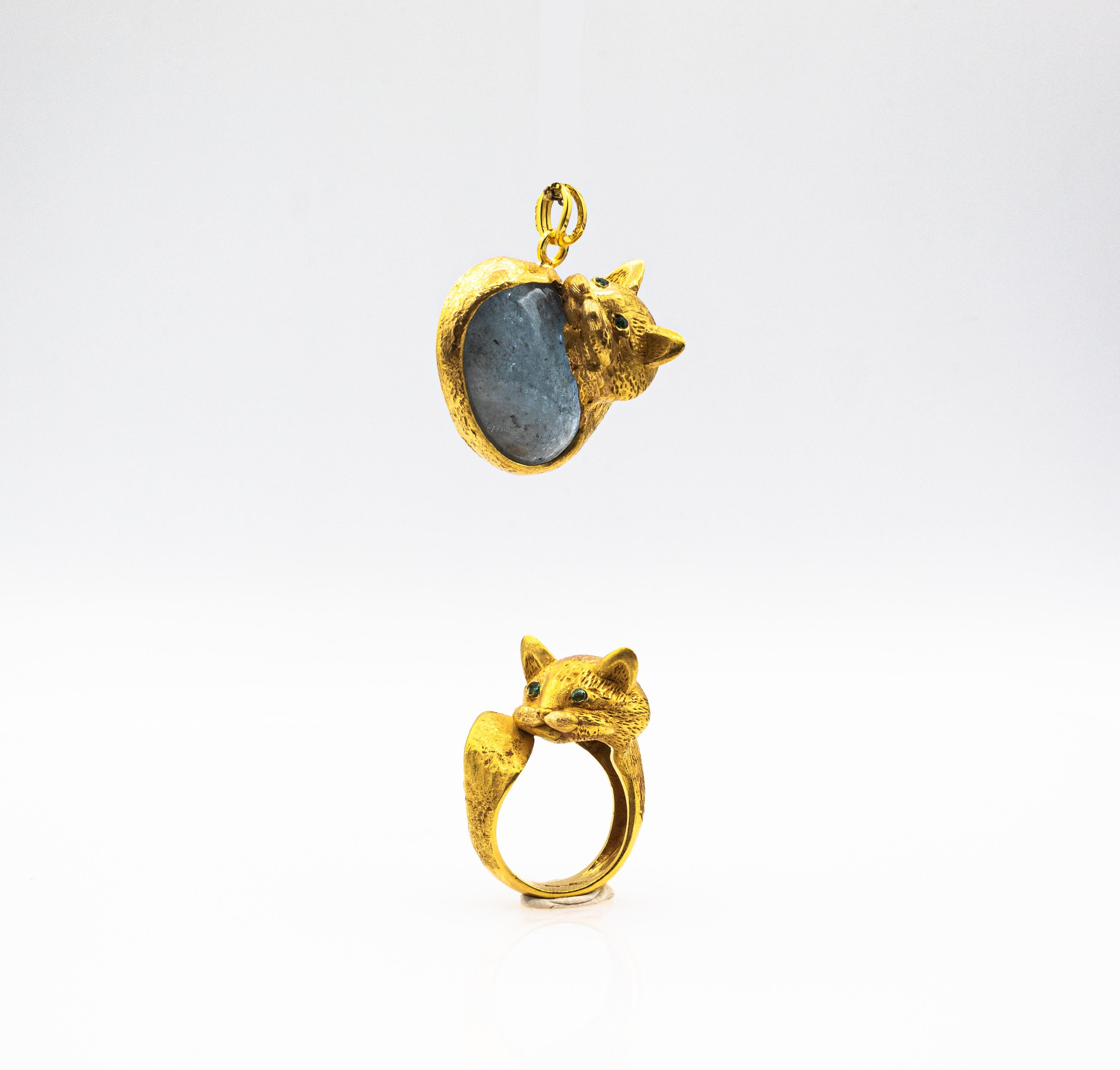 Art Nouveau Style Handcrafted Emerald Yellow Gold 